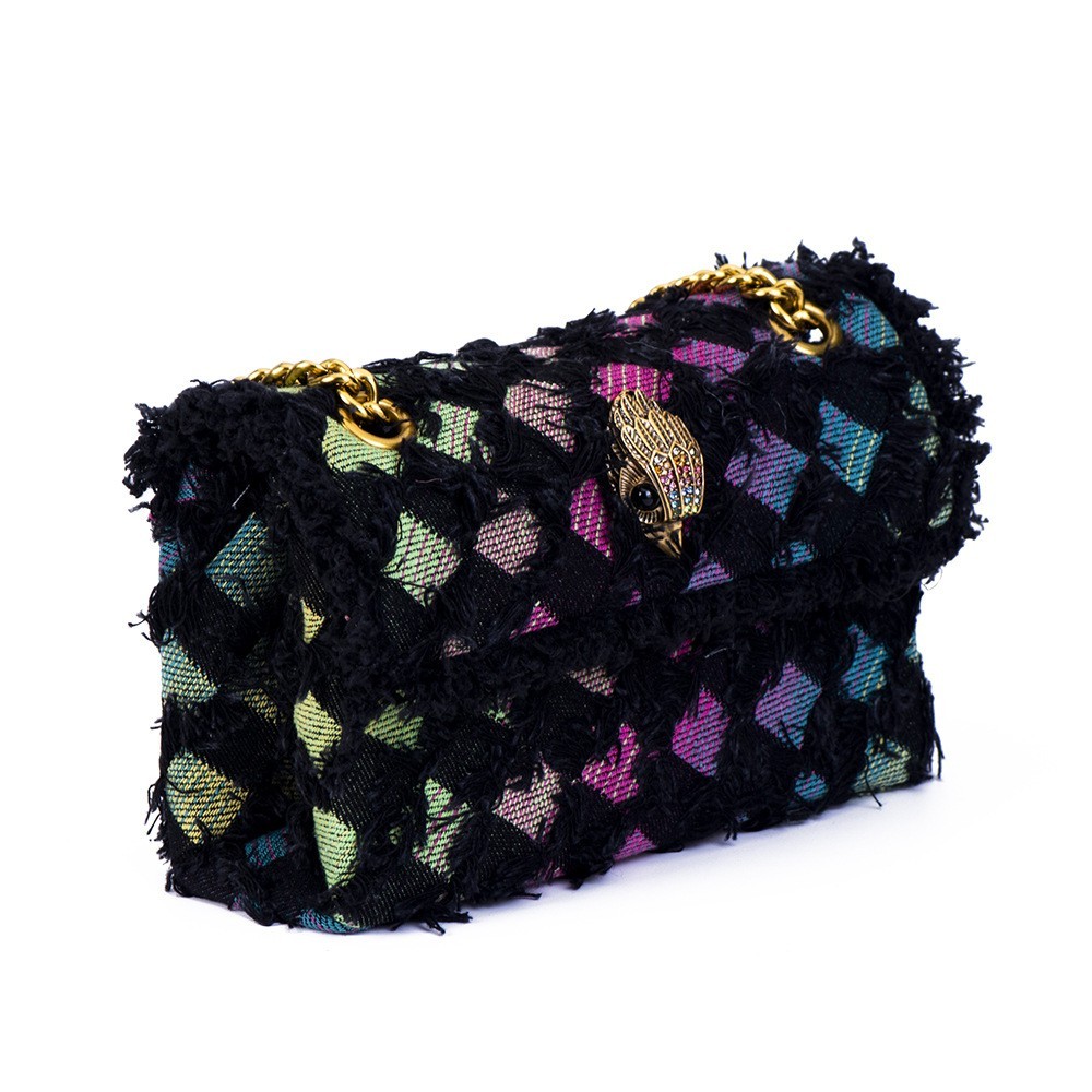 Kurt Geiger London Black Frayed Grid Tweed Crossbody Bag Gold Chain 19cm