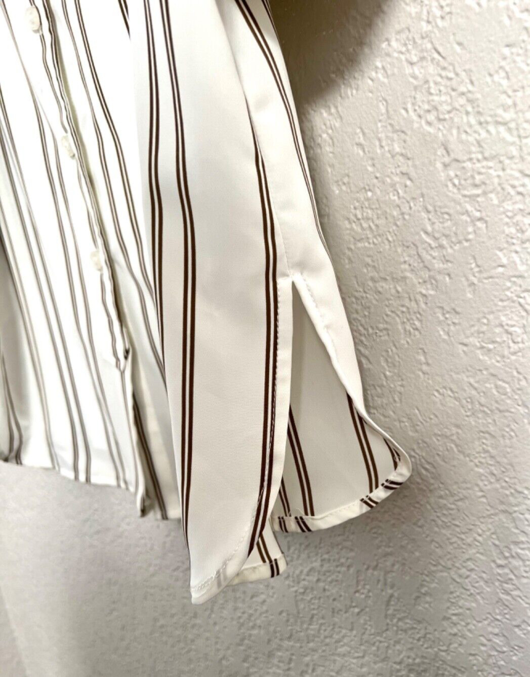 Ellen Tracy White Moss Brown Stripe Long sleeves Casual Blouse Classic Tops sz M