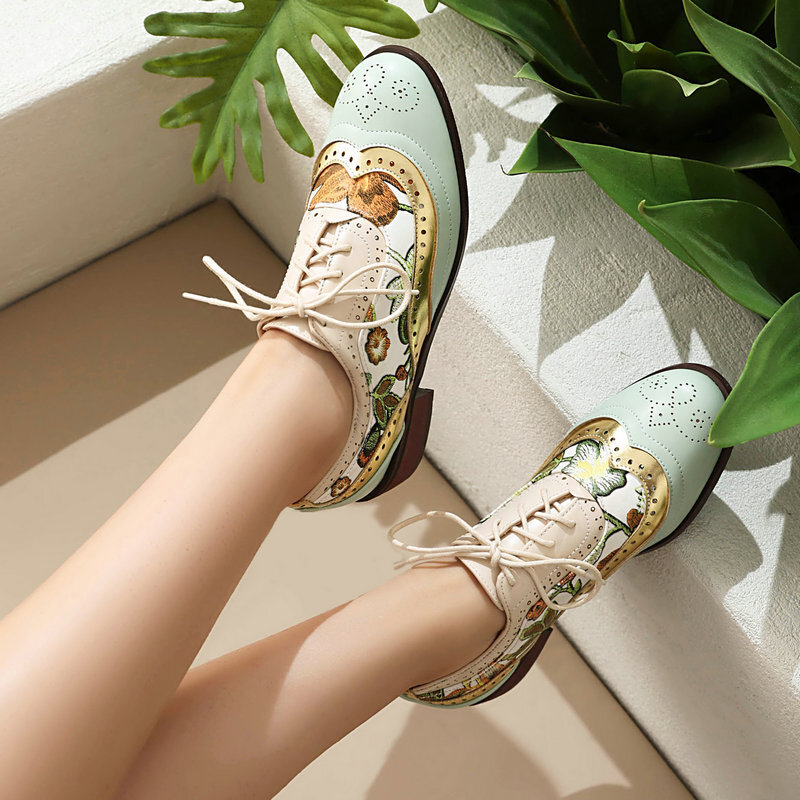 Women’s Ethnic Oxfords Colorblock Patchwork Shoes Floral Two Tone Low Heel Pumps