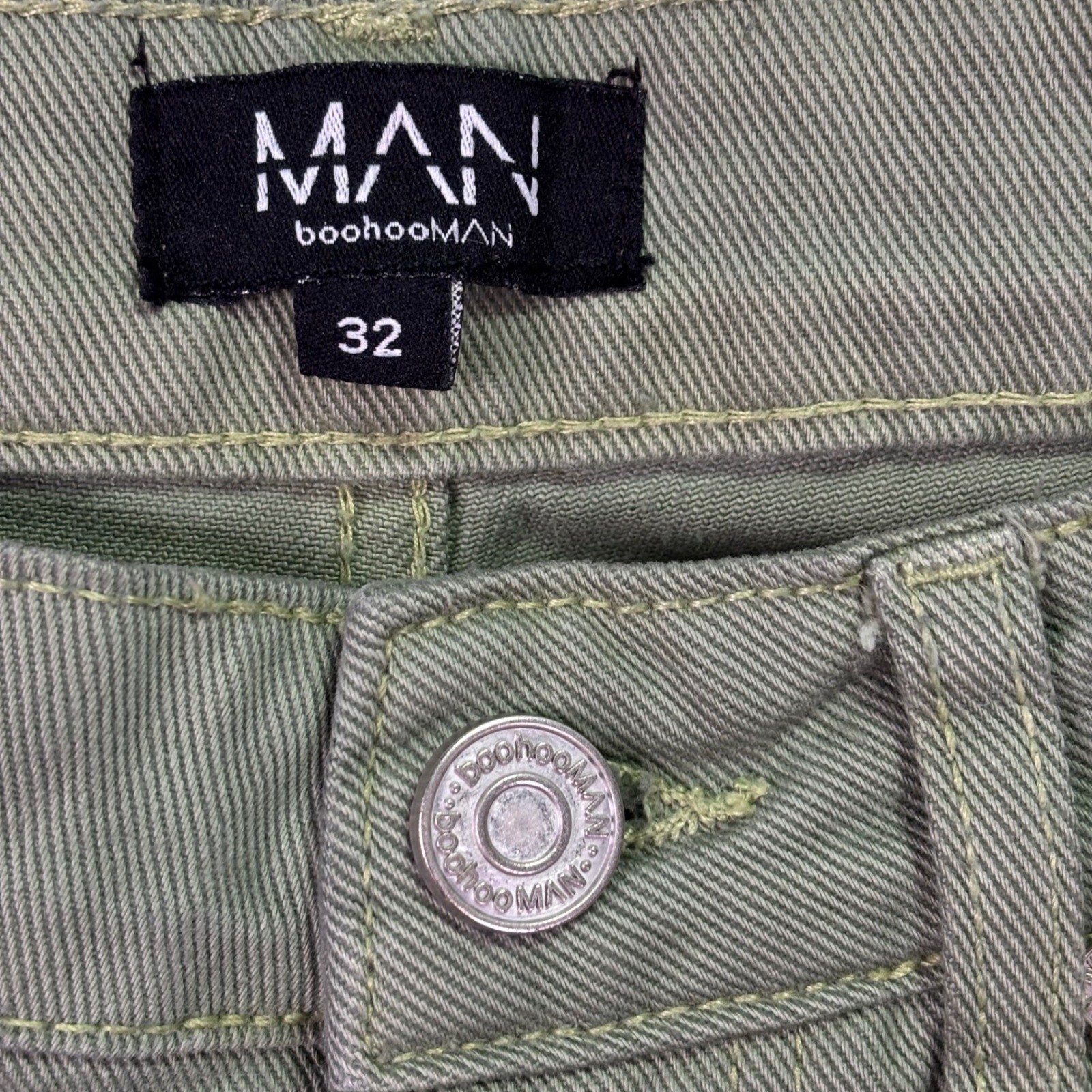 boohooMAN Mens Cargo Pants 32 Olive Green Cotton Utility Streetwear Button Fly