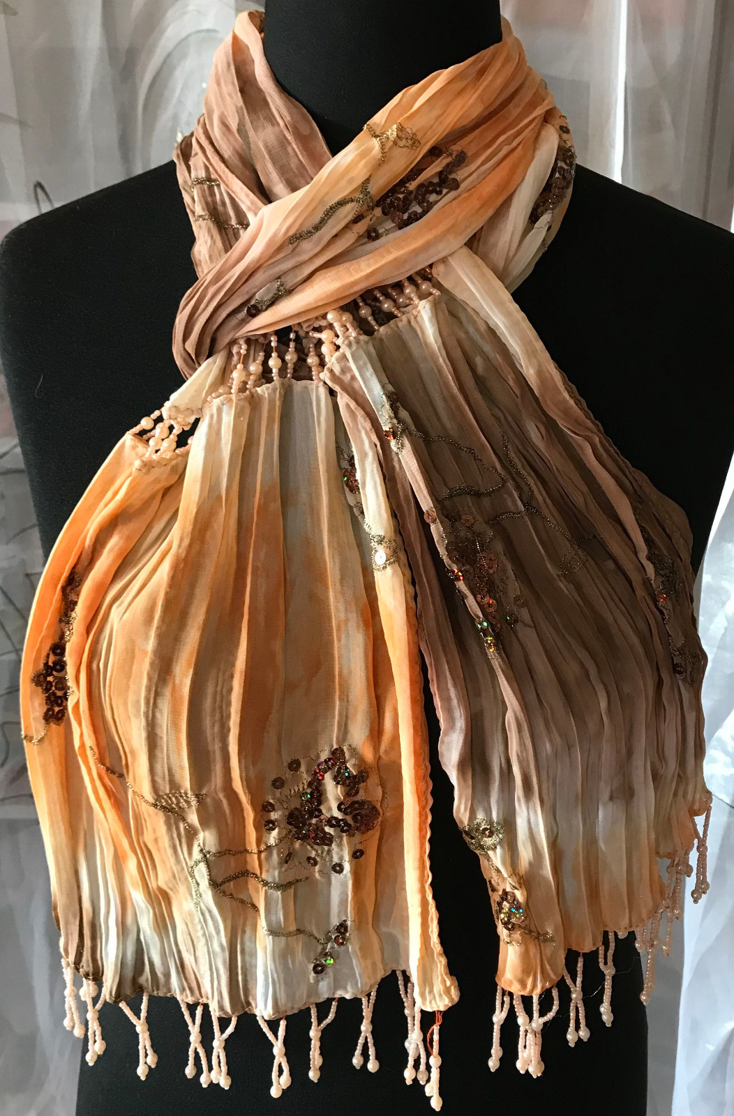 Timeless Top Scarf Approx. 11×66 7/8in Aprikot-Braun Gradient Embroidered Beads