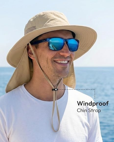 Men’s Wide Brim Sun Hat with Neck Flap UV Protection Fishing Hiking