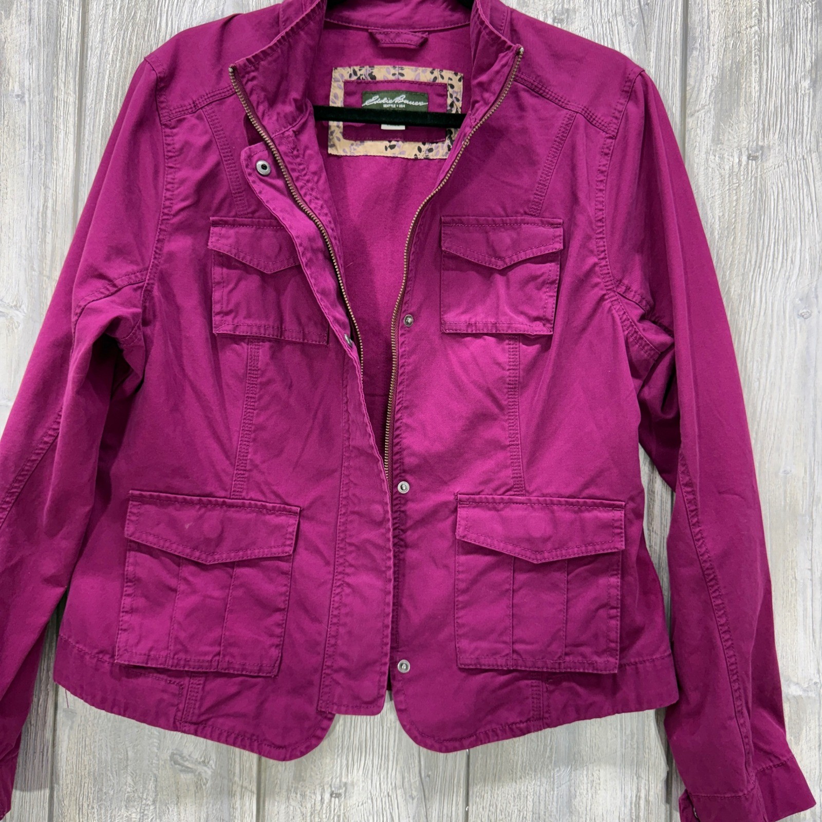 Eddie Bauer Womens Magenta Purple Utility Field Jacket Size L Full Zip Cargo
