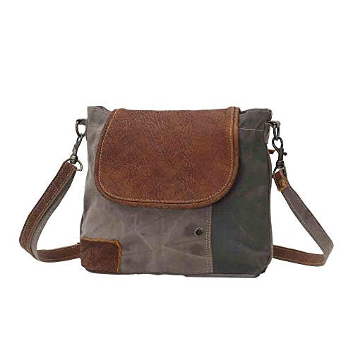MYRA THE FLAP-OVER UPCYCLED CANVAS AND GENUINE LEATHER CROSSBODY BAG BROWN/GRAY