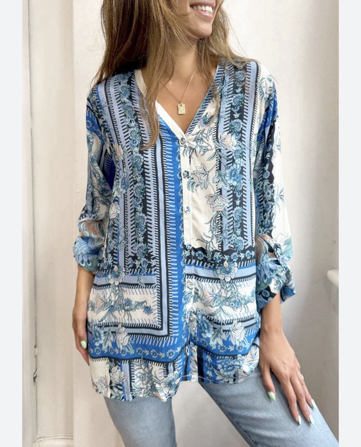 Johnny Was Marritt Revive Jacky Silk Long Slv Button Down Shirt V Neck Blouse S