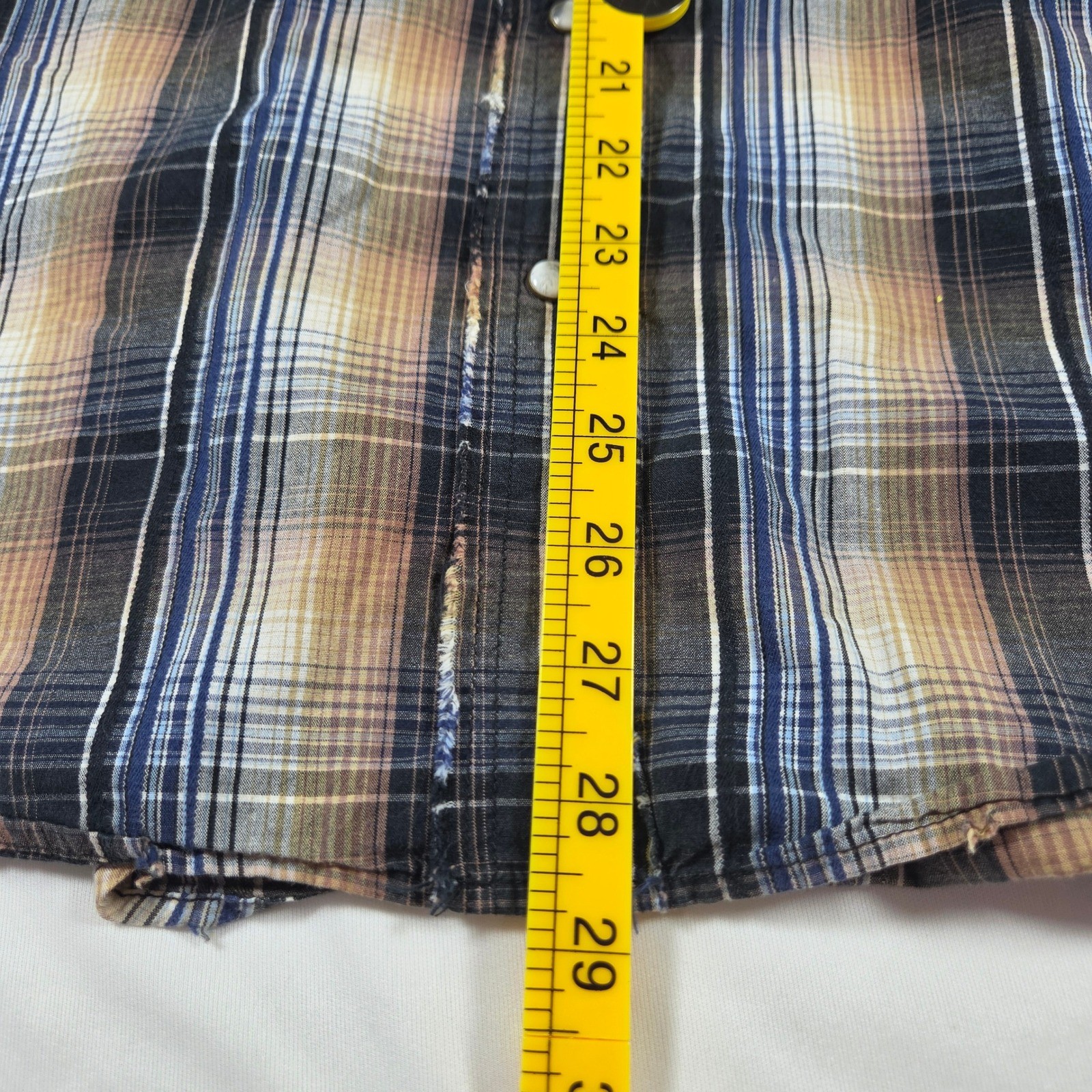 BKE Slim Fit Mens Western Snap Shirt XL Plaid Distressed Embroidered Blue Tan