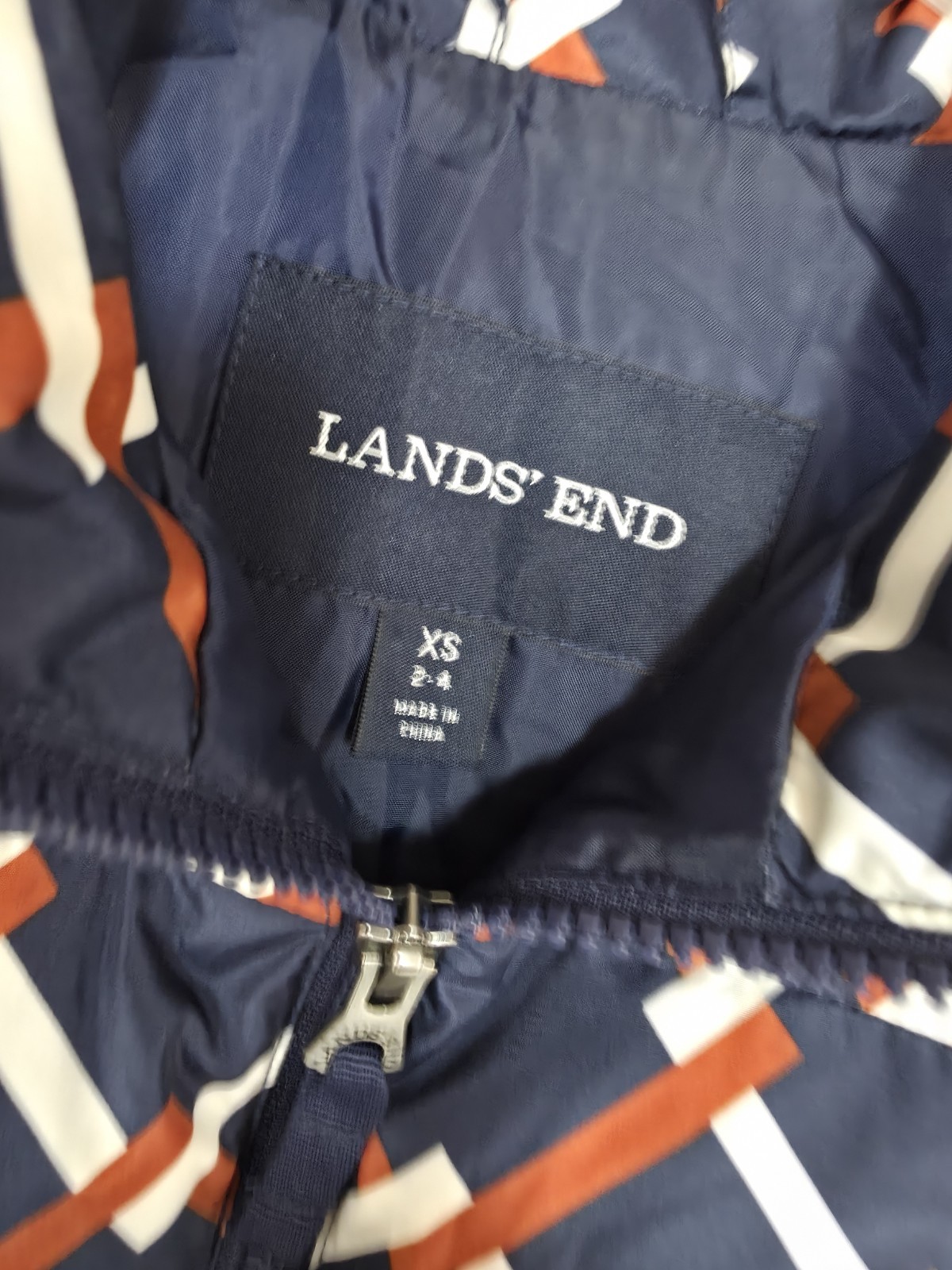 Lands End-Blue/Brown/White Geo Check Sleeveless Full Zip Down Puffer Vest Sz XS