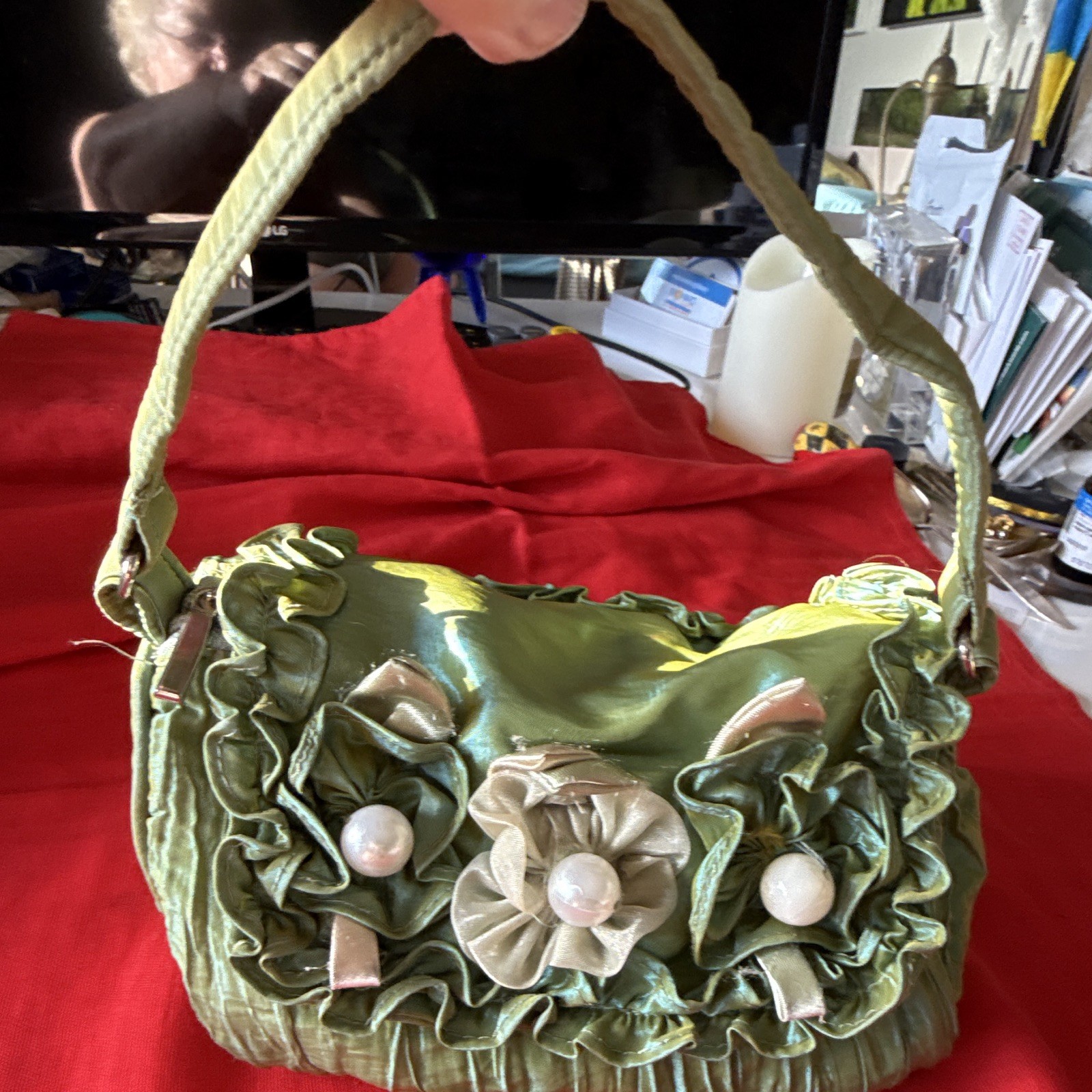 Green Ruffle Bow Beaded Floral Shoulder Bag Silver Hardware Zip Magnetic Lined