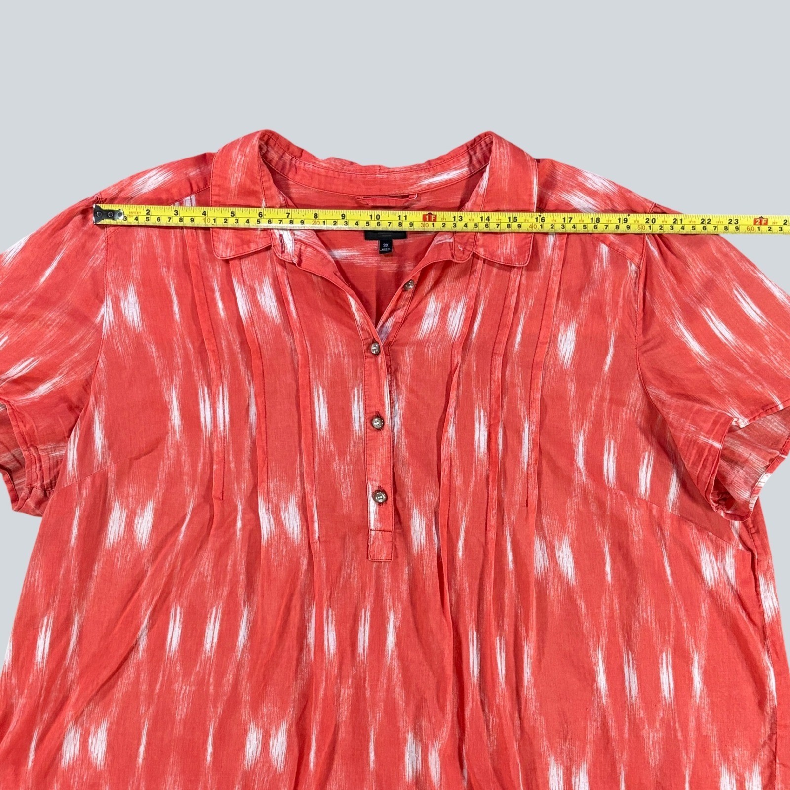 Talbots Woman 3X Coral Ikat Print Cotton Pintuck Short Sleeve Blouse Boho Top
