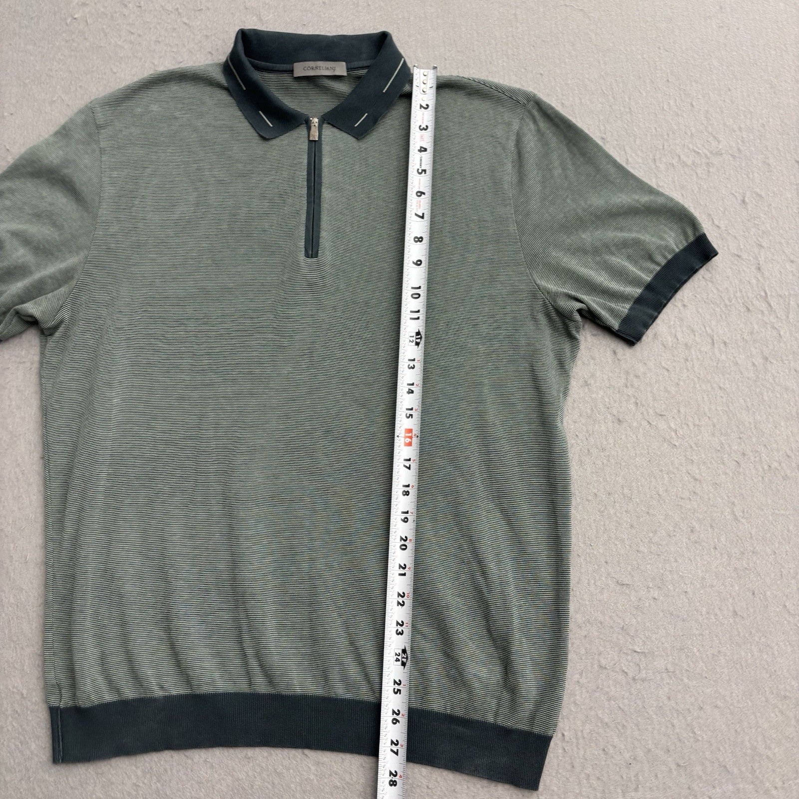 Corneliani Quarter Zip Polo Mens 54 Large Green Cotton Jacquard Pullover Italy