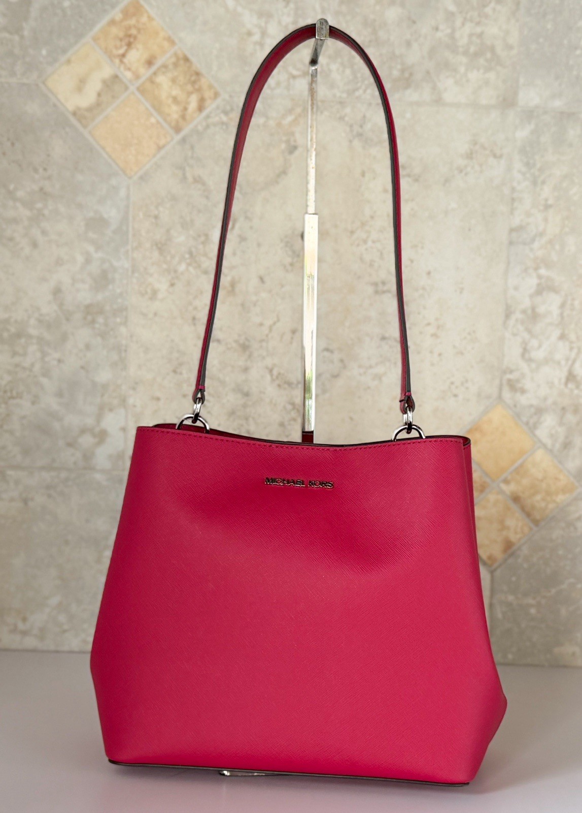 Michael Kors Pratt Medium Bucket Shoulder Tote Bag Dark Raspberry
