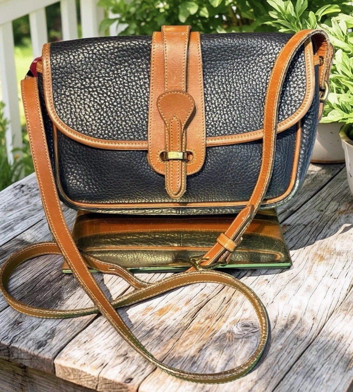 Dooney Bourke Navy Blue Vintage Flap Equestrian Tack Bag All Weather Leather