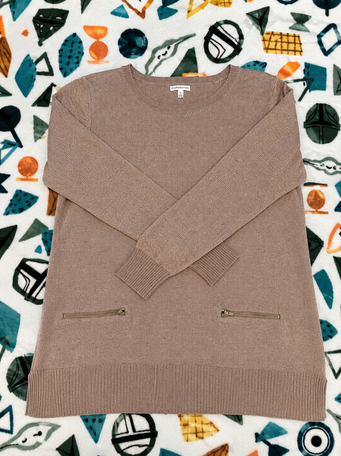 Croft & Barrow Womens XL Taupe Lightweight Knit Sweater Zip Pocket Long Sleeve P