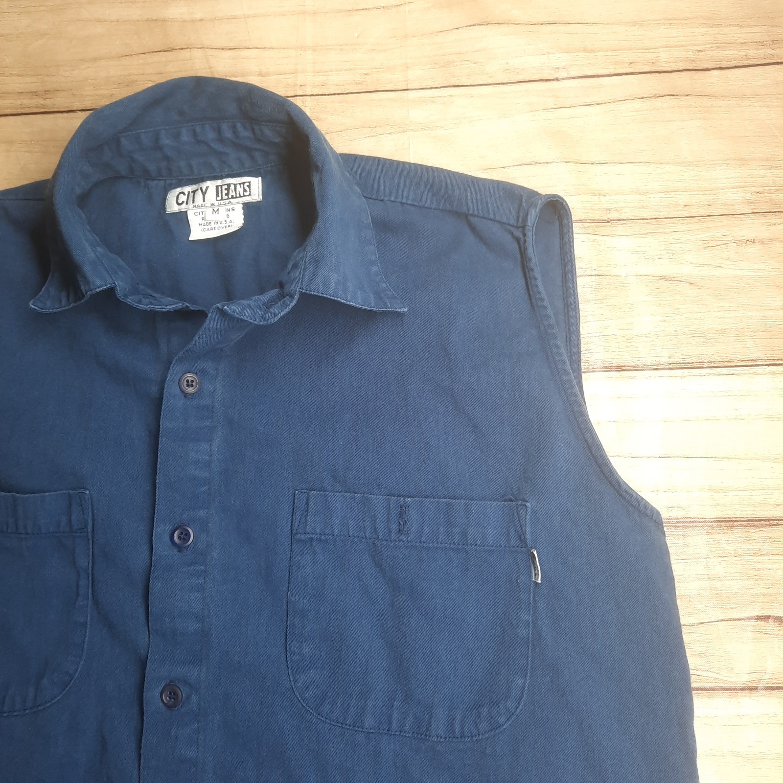 City Jeans Men’s Blue Biker Style Shirt Sleeveless USA Vtg Style Medium READ