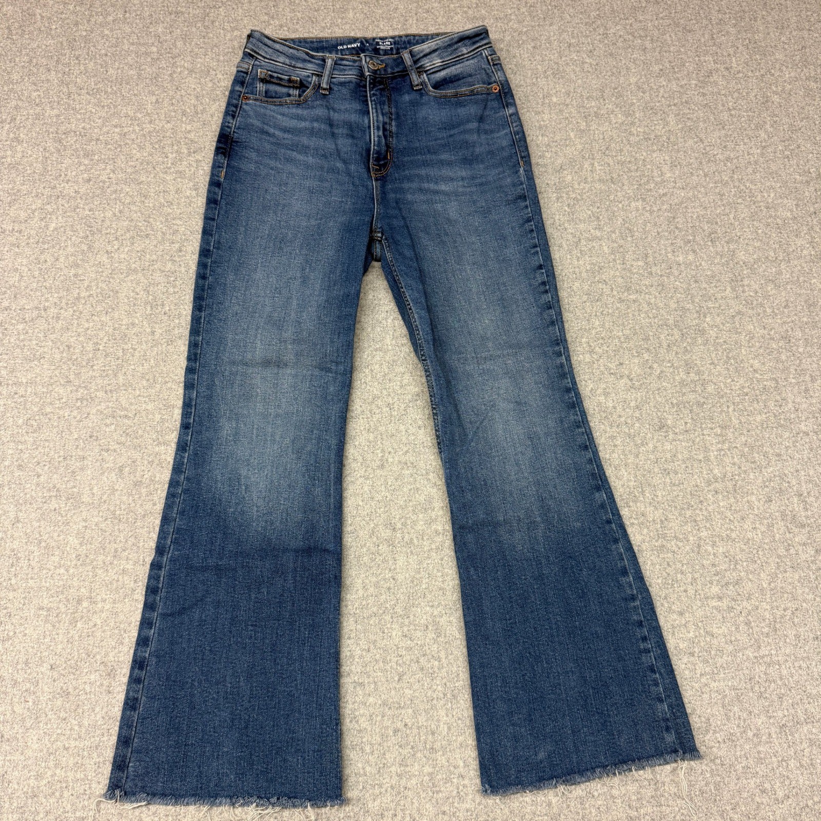 Old Navy Flare Jeans 4 Blue Higher High Rise Secret-Smooth Pockets Raw Hem Fray