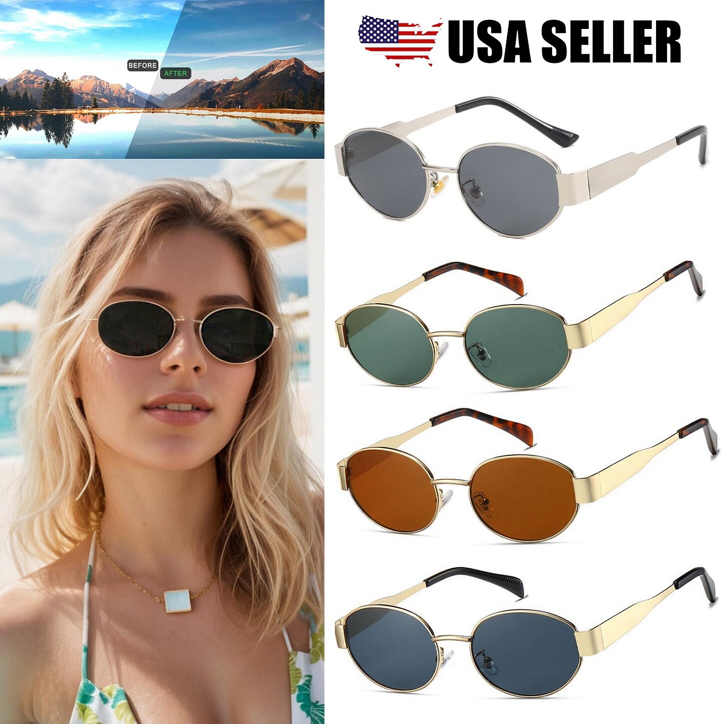 Oval Sunglasses Retro 90S Sunglasses Trendy Classic Shades Metal Frame Gold USA