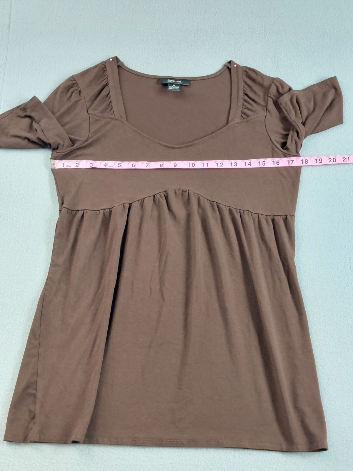 Style&Co Women Tunic Top M Brown Empire Waist Scoop Neck Short Sleeve Casual
