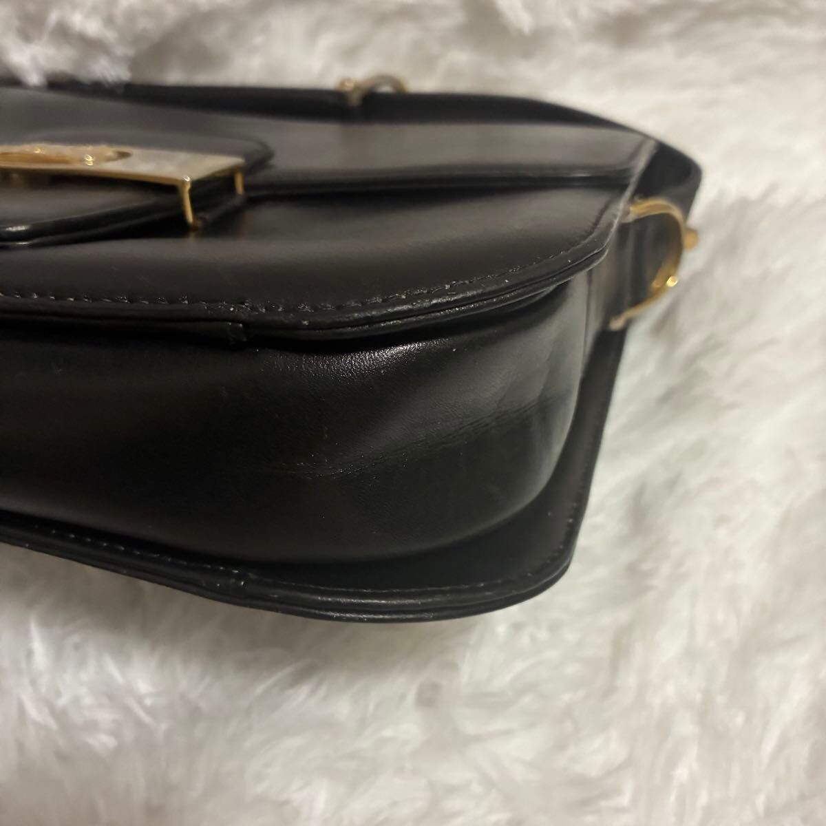 CELINE Black Leather Horse Carriage Buckle Shoulder Bag Gold Italy 22cm