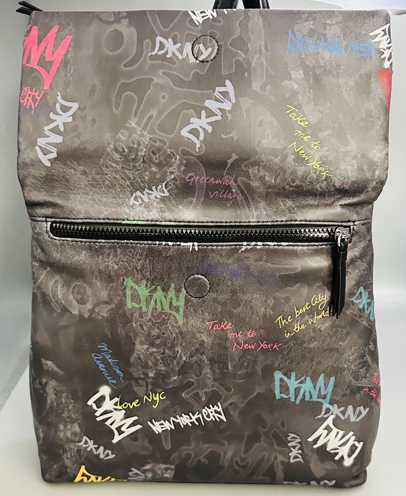 DKNY: Graffiti Tilly Flap Backpack, NWT W. Adjustable Straps