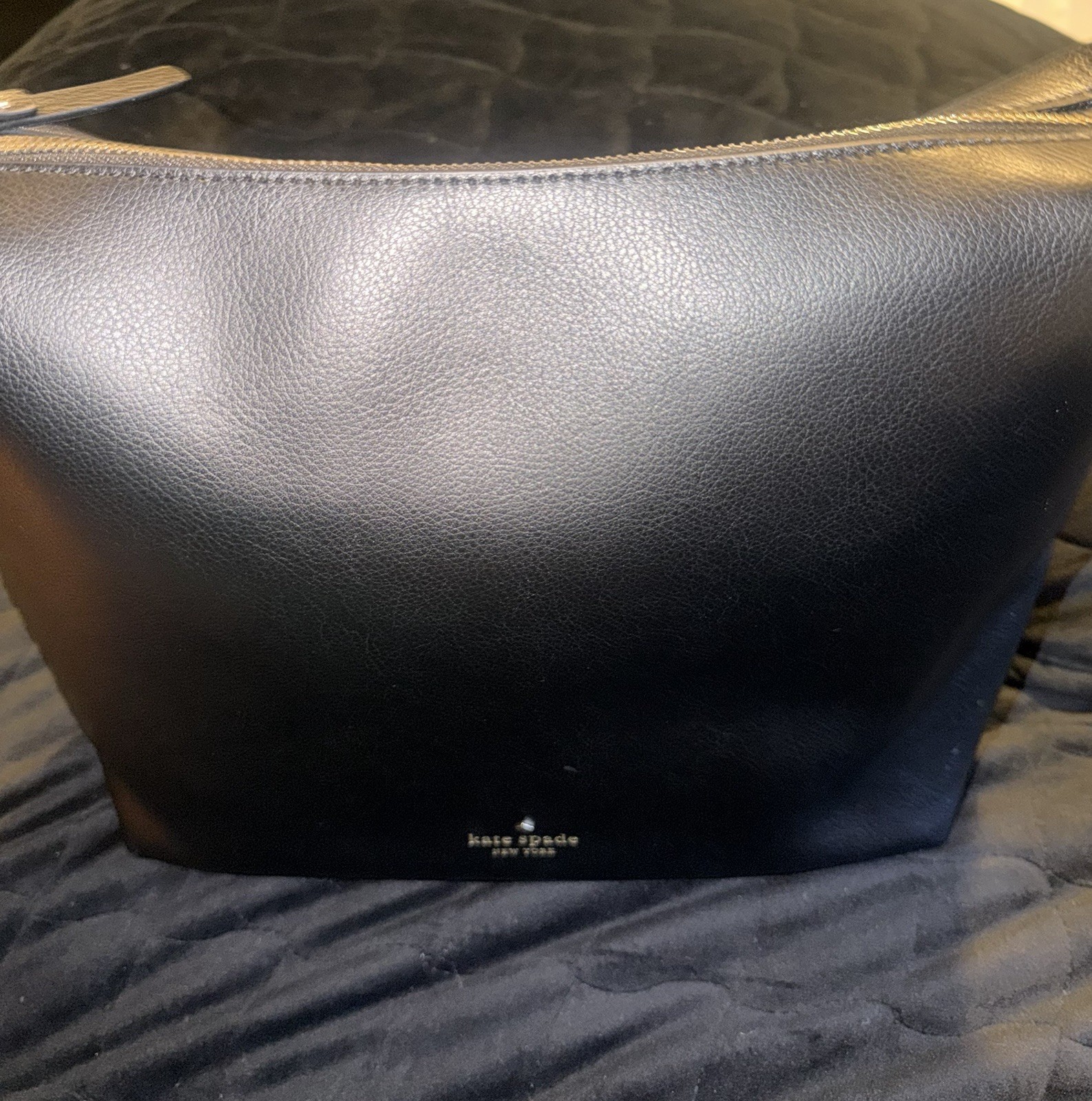 Kate Spade New York Black Zip-Top Shoulder Bag, Logo, Pebbled, Silver