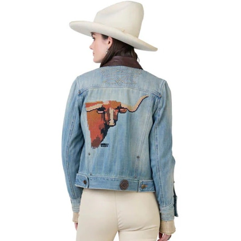 Double D Ranch Lead Steer Denim Jacket 2X Longhorn Cross Stitch Western Rodeo