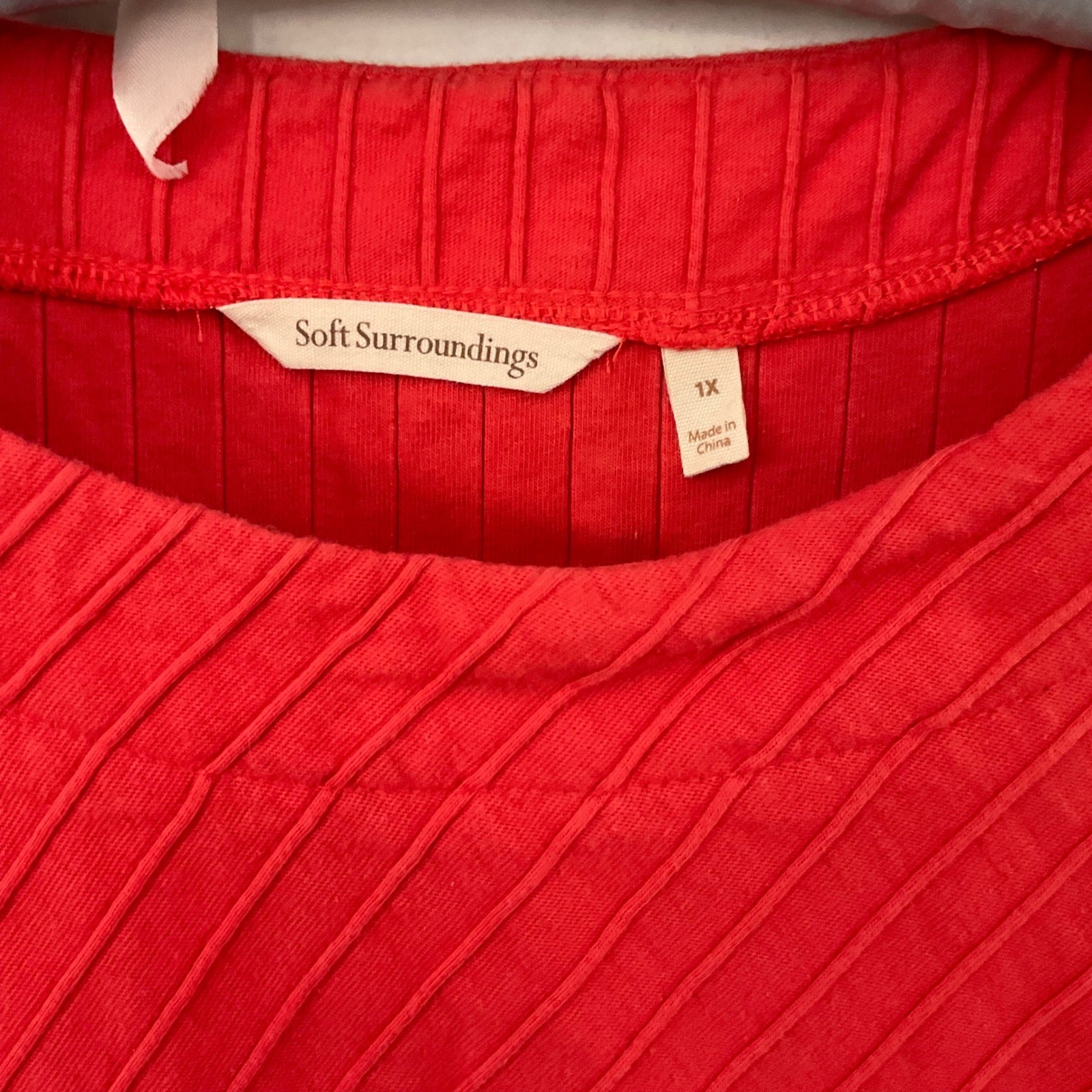 Soft Surroundings Red Ribbed Ruffle Hem 3/4 Sleeve Top 1X 5CK37 Cotton