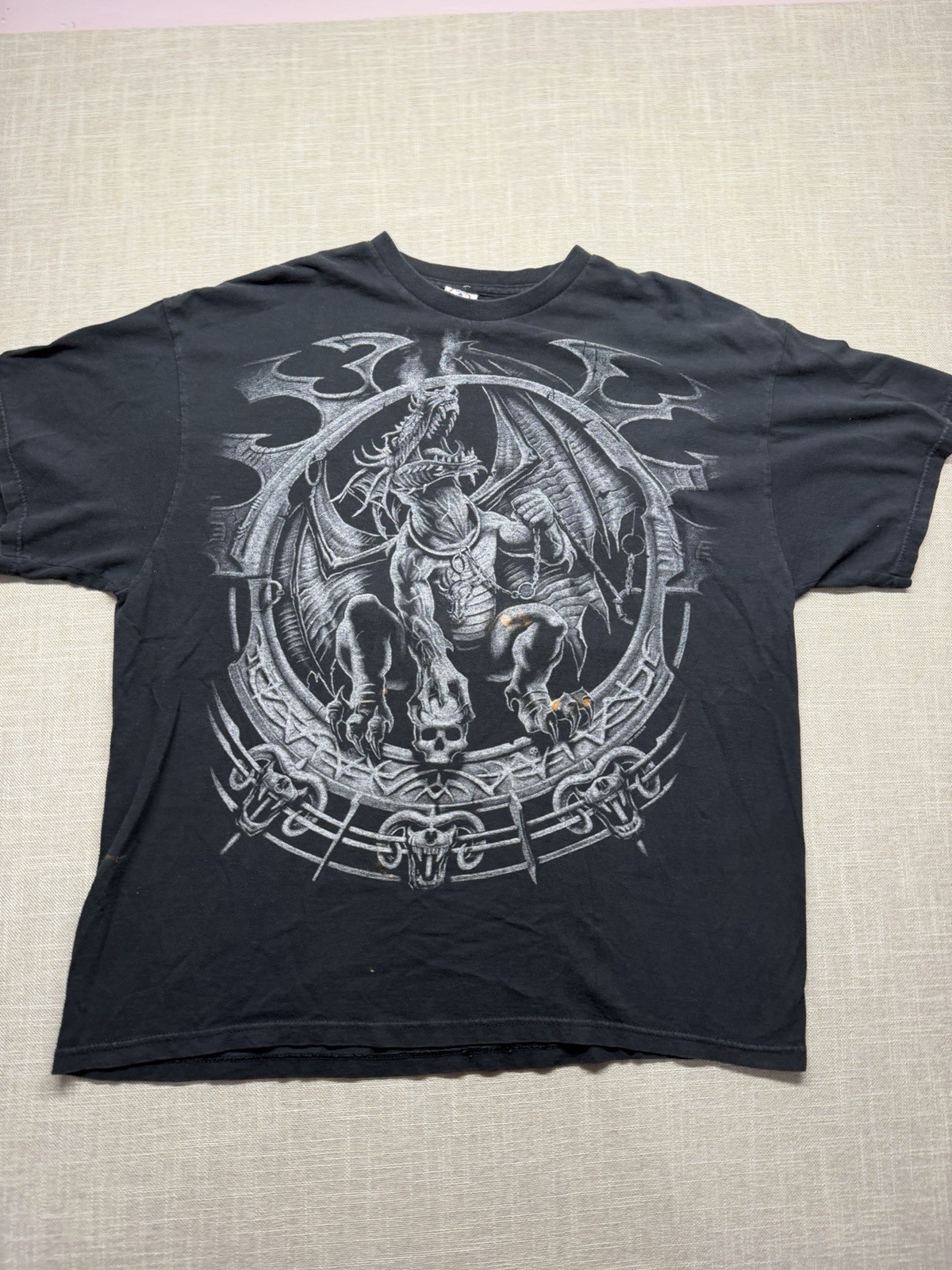 LIQUID BLUE 2001 XXL T-SHIRT DRAGON CATCHER BLACK SKULL TEE ALL OVER PRINT