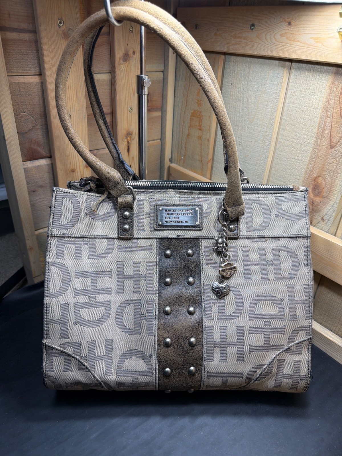 Harley Davidson Jacquard HD Monogram Studded Tote Shoulder Bag Womens Charm