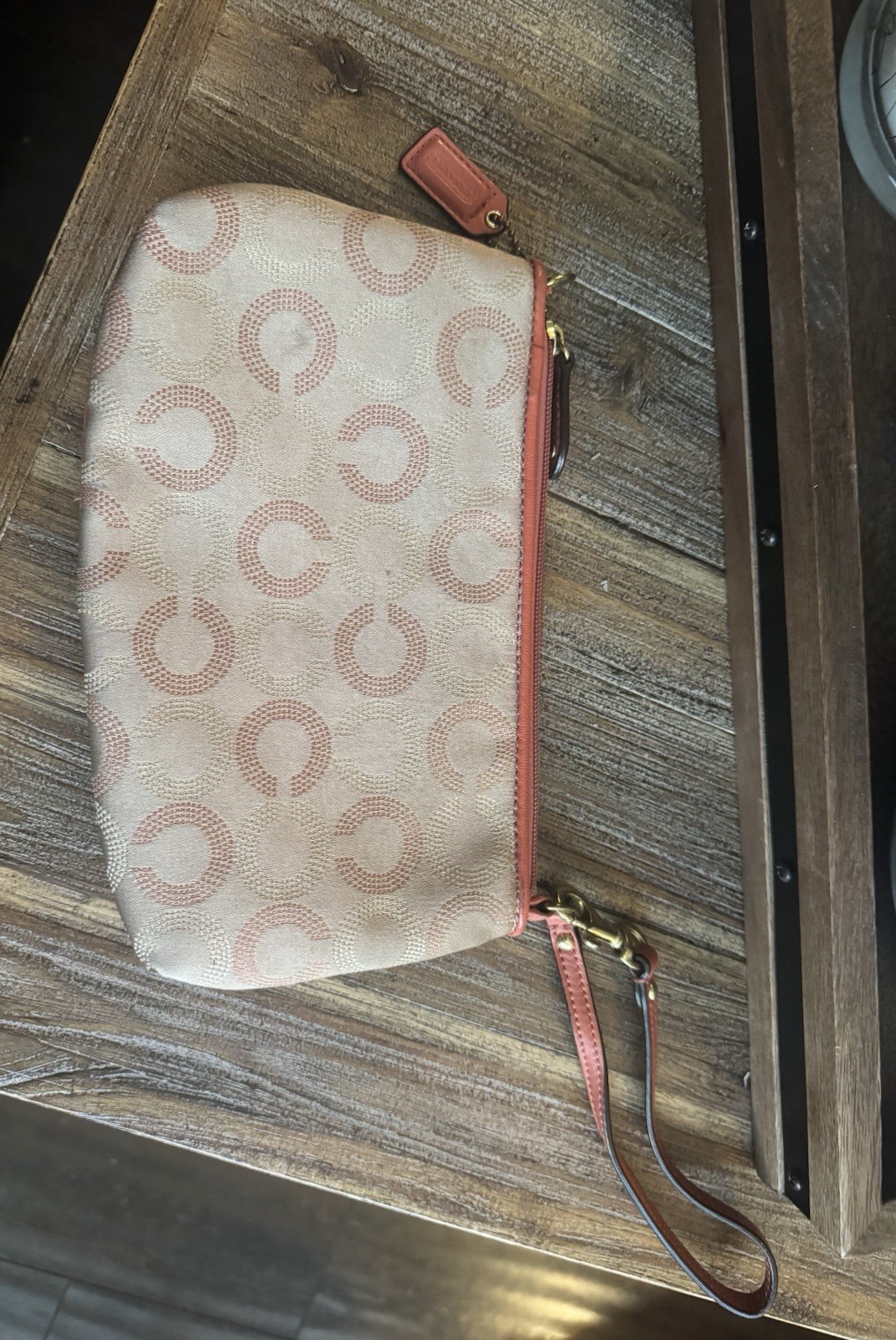 Coach Signature Logo Zip Wristlet Pouch Wrist Strap Beige Pink Lined Small