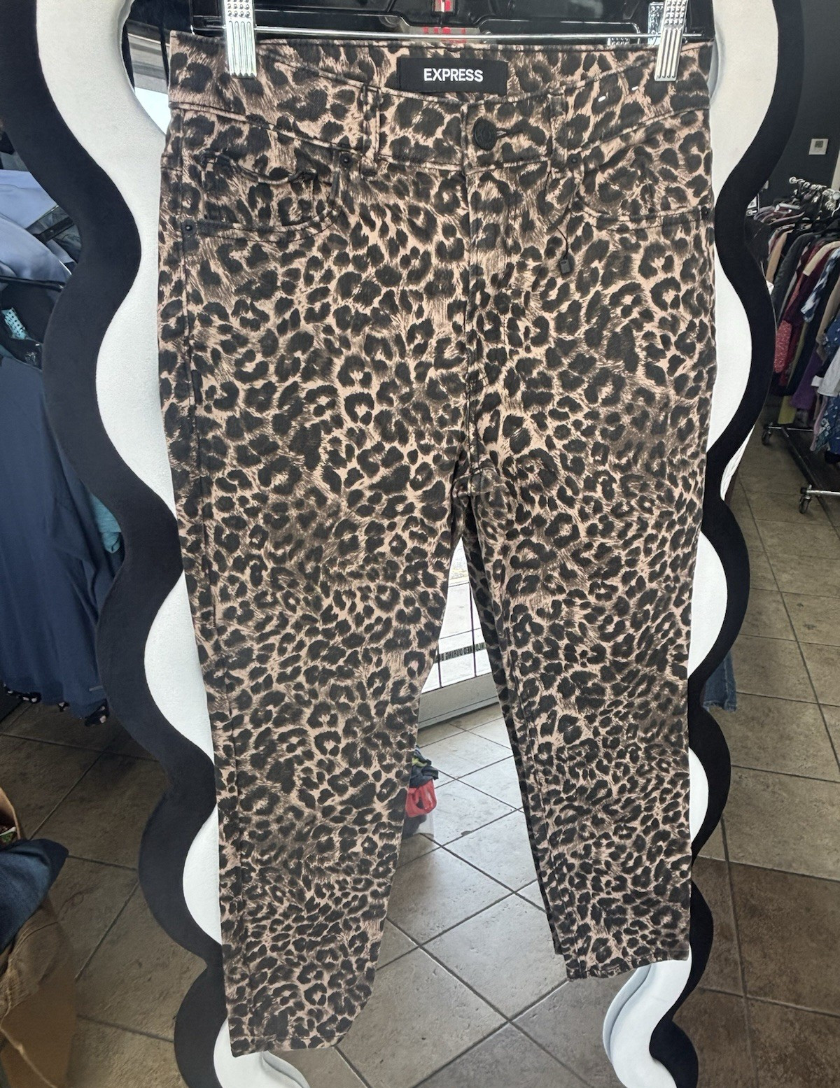 Express Leopard Print Skinny Slim Denim Pants Mid Rise Pockets 28in Brown