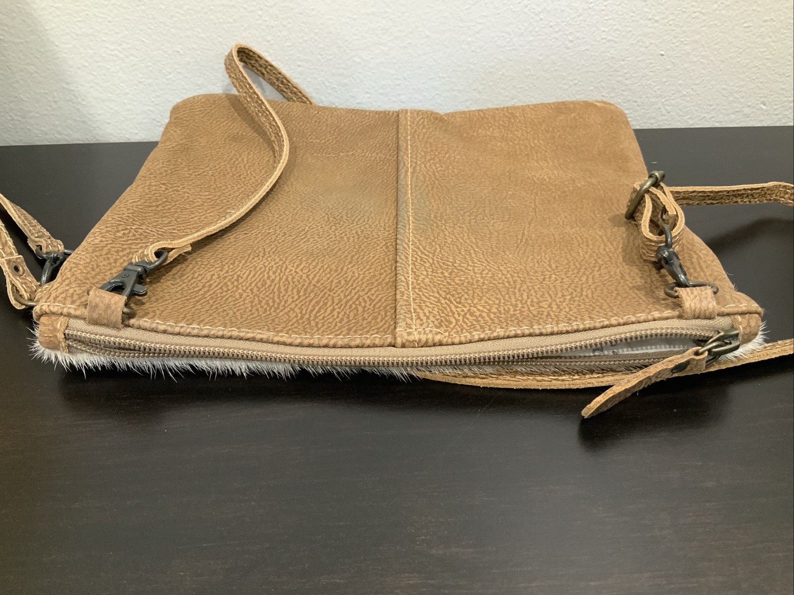 Myra Leather & Cowhide Brown, White & Gold Large Crossbody Purse Shoulderbag