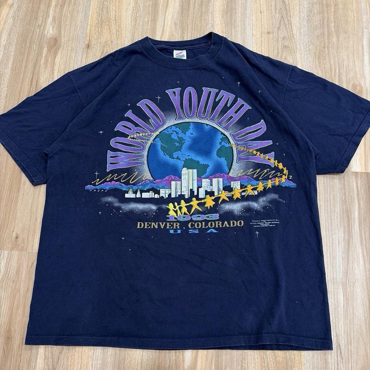 Jerzees World Youth Day 1993 Denver Colorado USA Vintage 90s Navy Tee XL