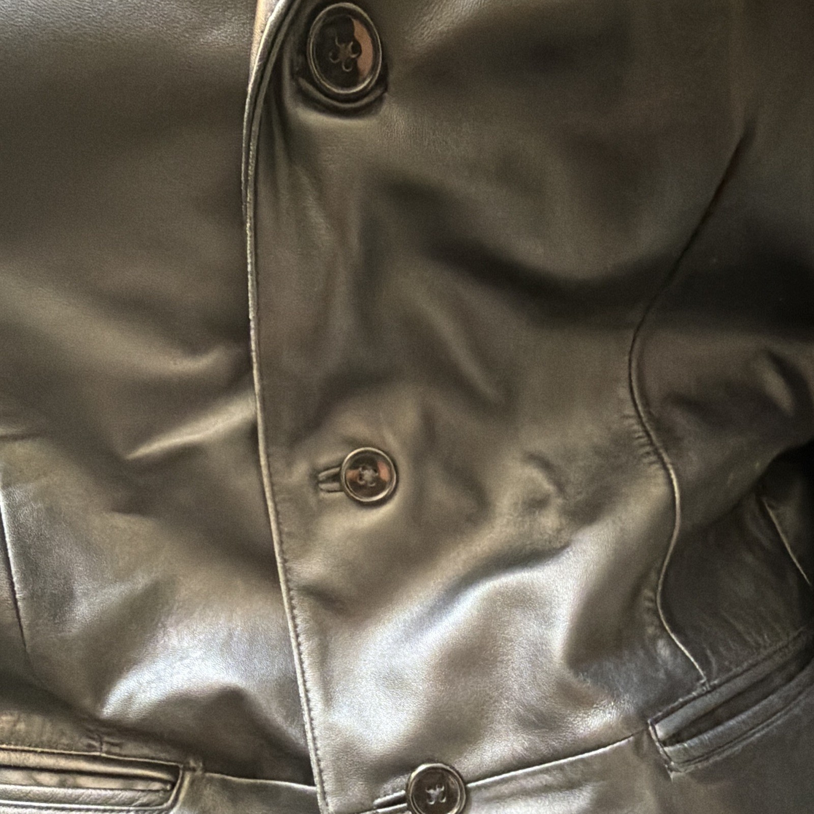 City Men’s Black Leather Blazer Jacket, Notch Collar Button Front, 44R