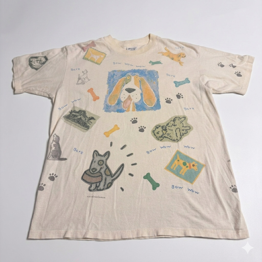 Vintage 1997 Relevant Products All Over Print Dog Bow Wow T-Shirt Large