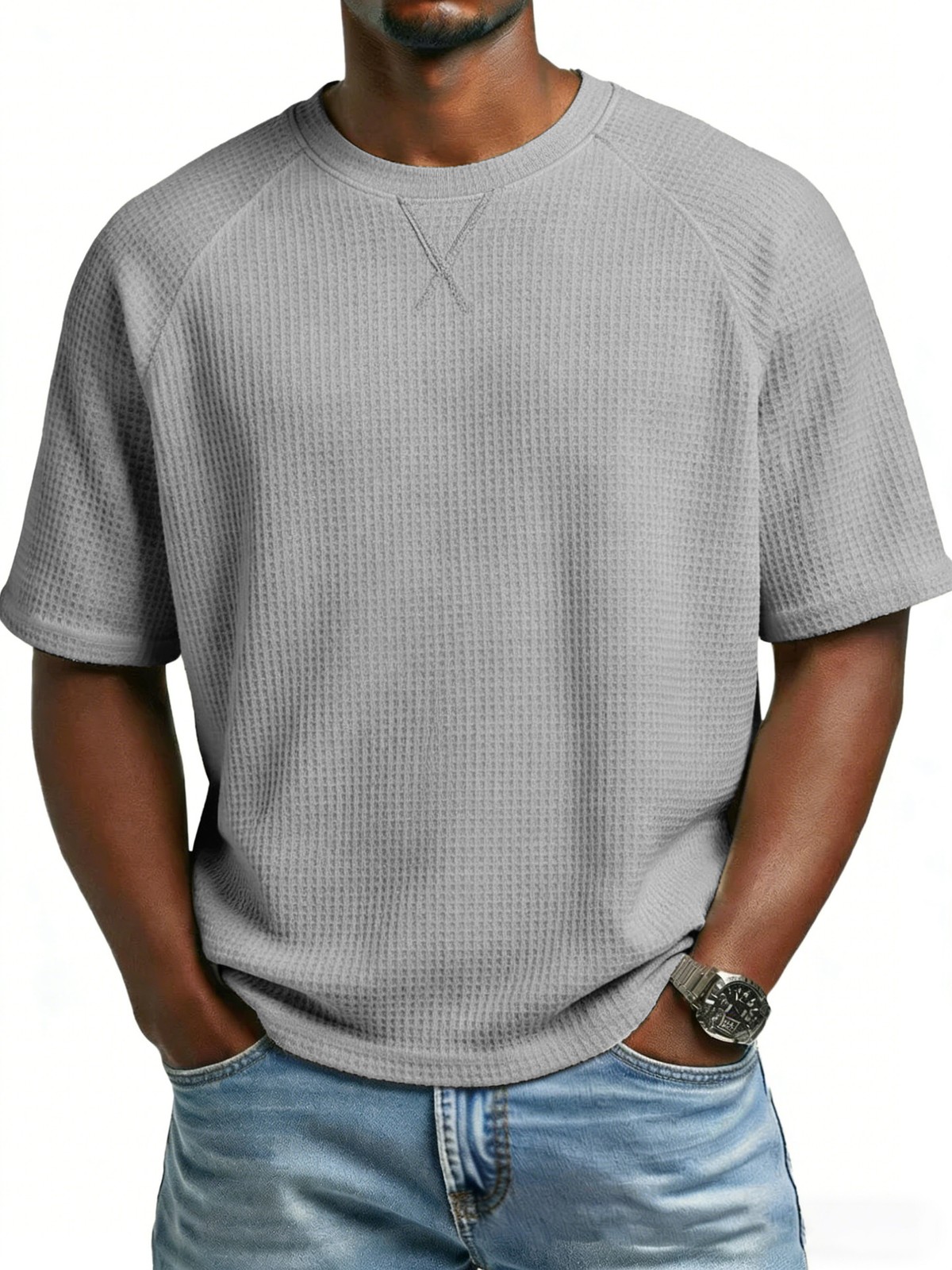 Men’s solid color embroidered raglan crew neck casual sports short sleeve