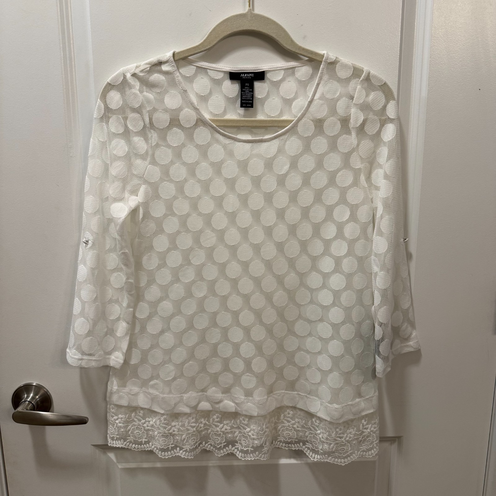 Alfani Womens White on White Polkadot Shear Blouse NWT Boho Petite Sm