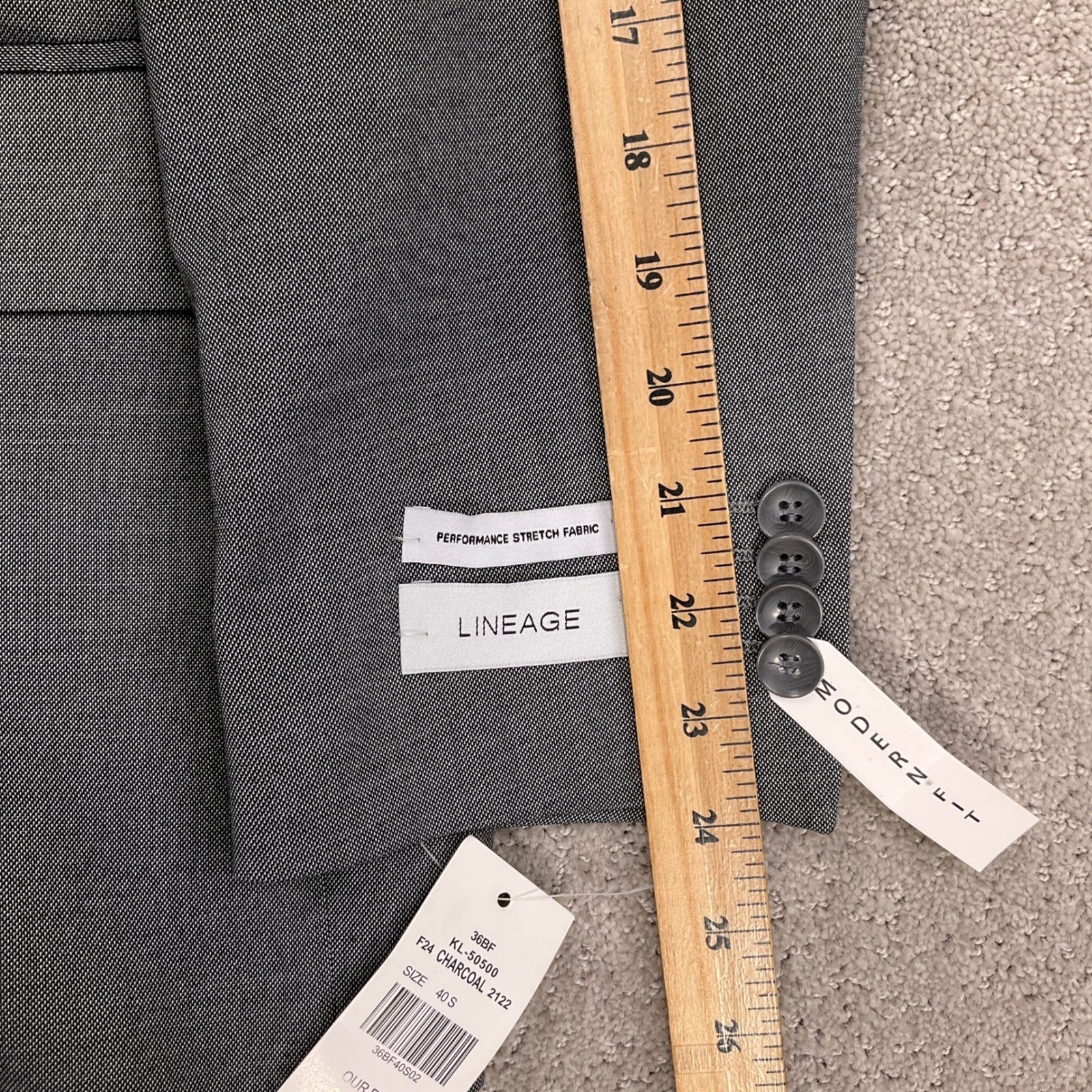 Lineage Suit Mens 40S 34W Charcoal Andrew Double Breasted Modern Fit Unhemmed