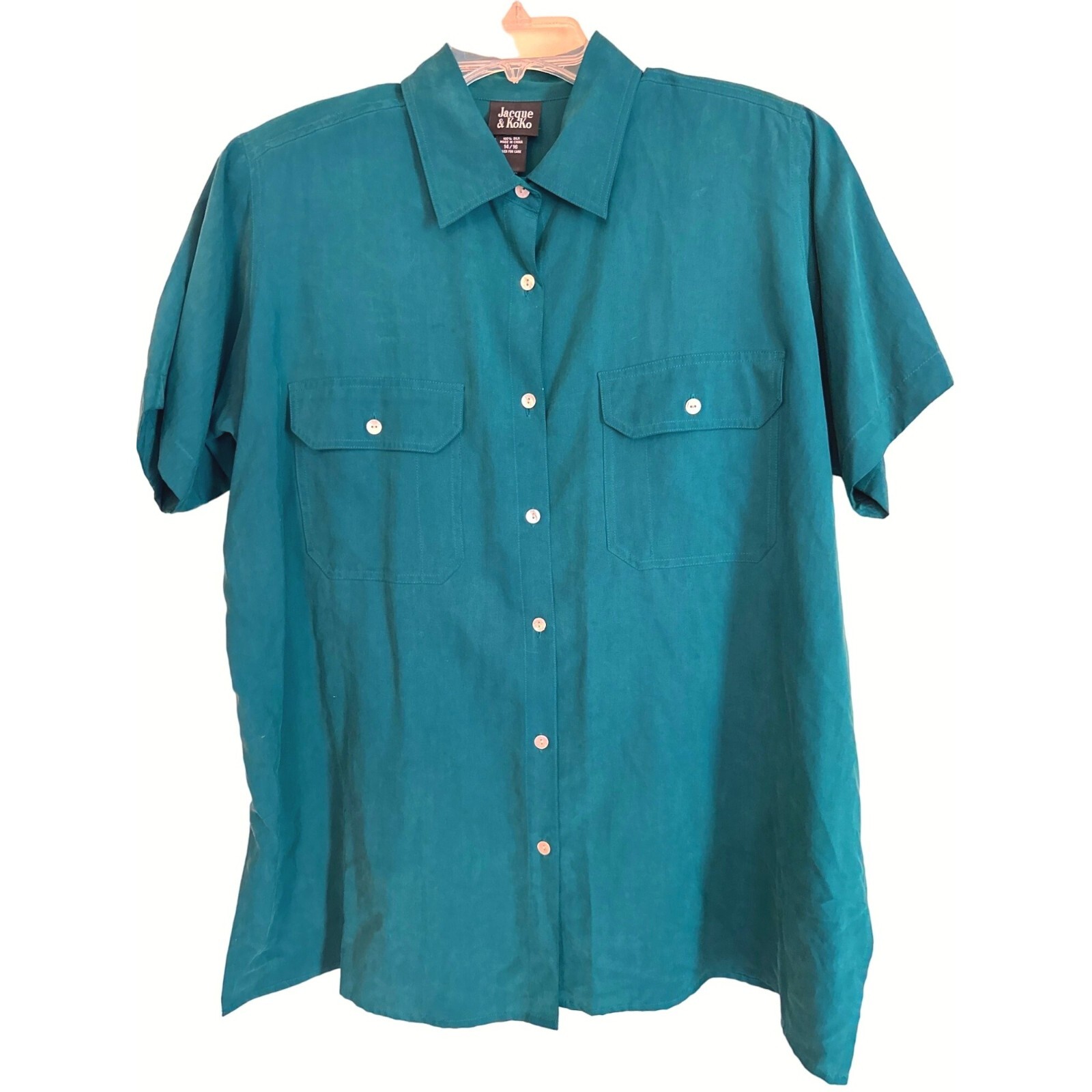 Jacque & KoKo All Silk Teal Button Up Shirt Size 14/16