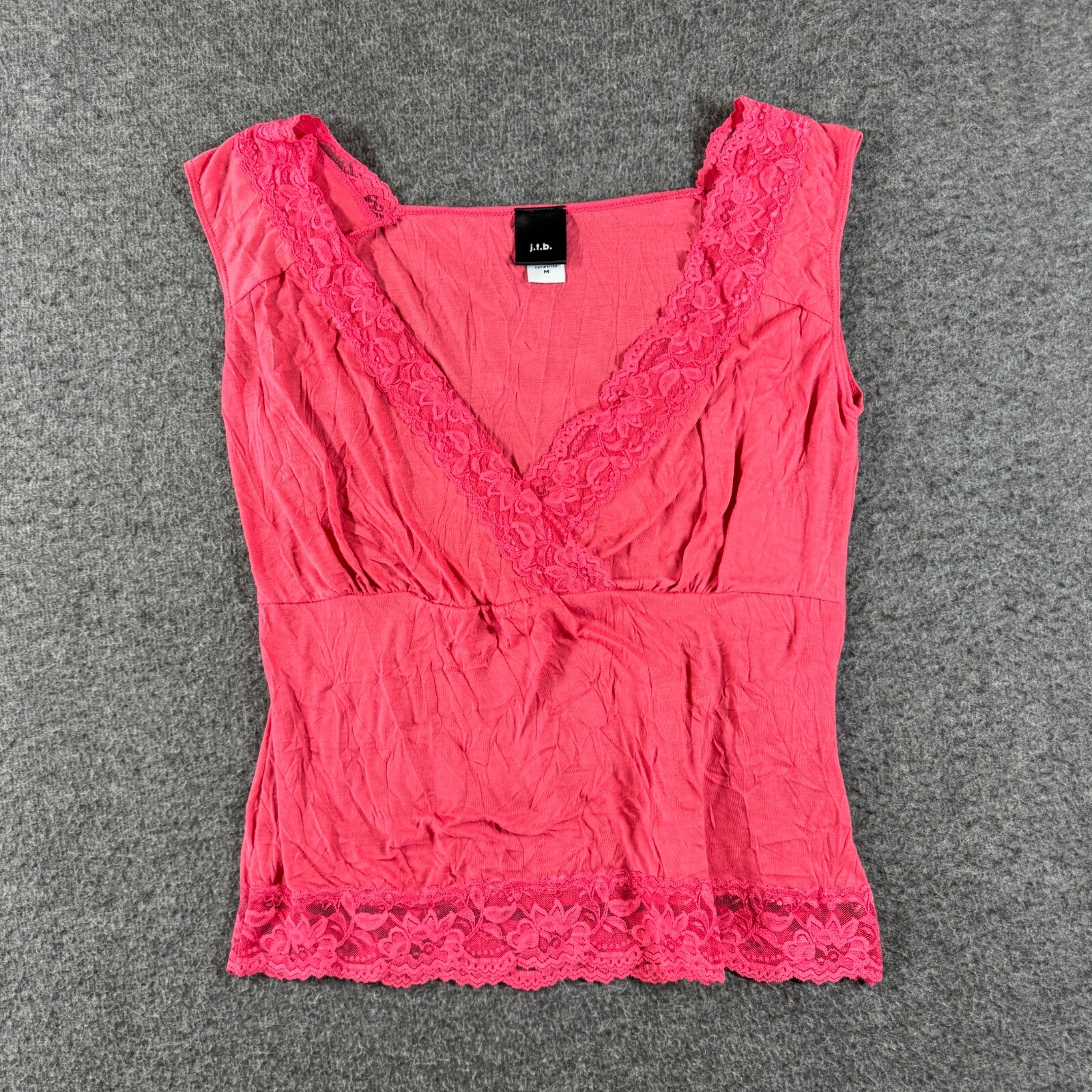 Y2K j.t.b. empire waist shirt Womens Medium M Barbie Pink Lace Trim cross over