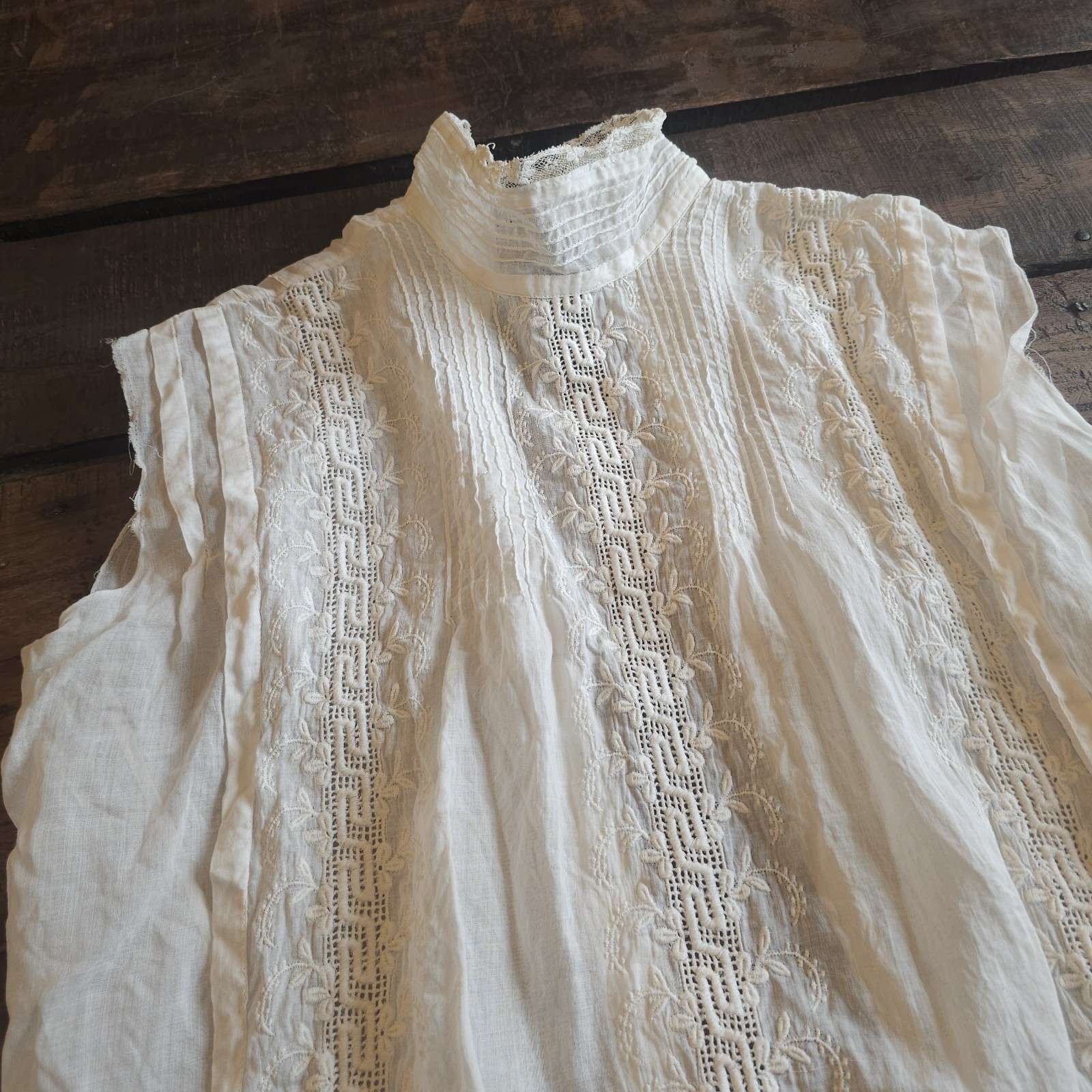 Antique Embroidered White Sleeveless Blouse Mock Neck As Is Top Shirt Edwardian
