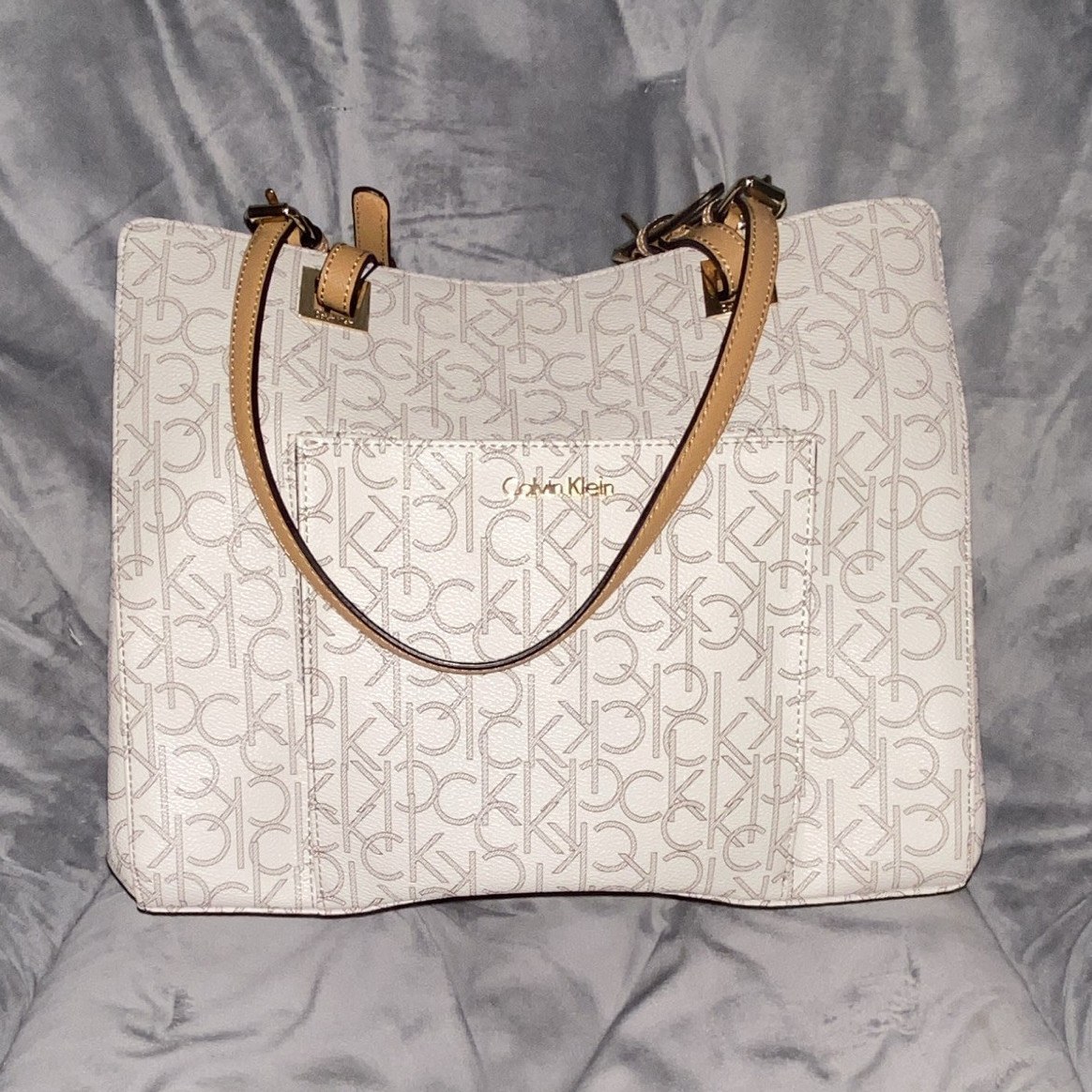 Calvin Klein CK Logo Medium Tote Handbag Beige/Tan, Gold Hardware, Pockets