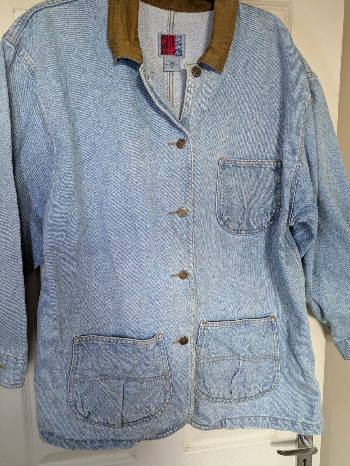Vintage 90s Sunbelt Denim Chore Jacket XL Blue Trucker Coat Single Chest Pocket