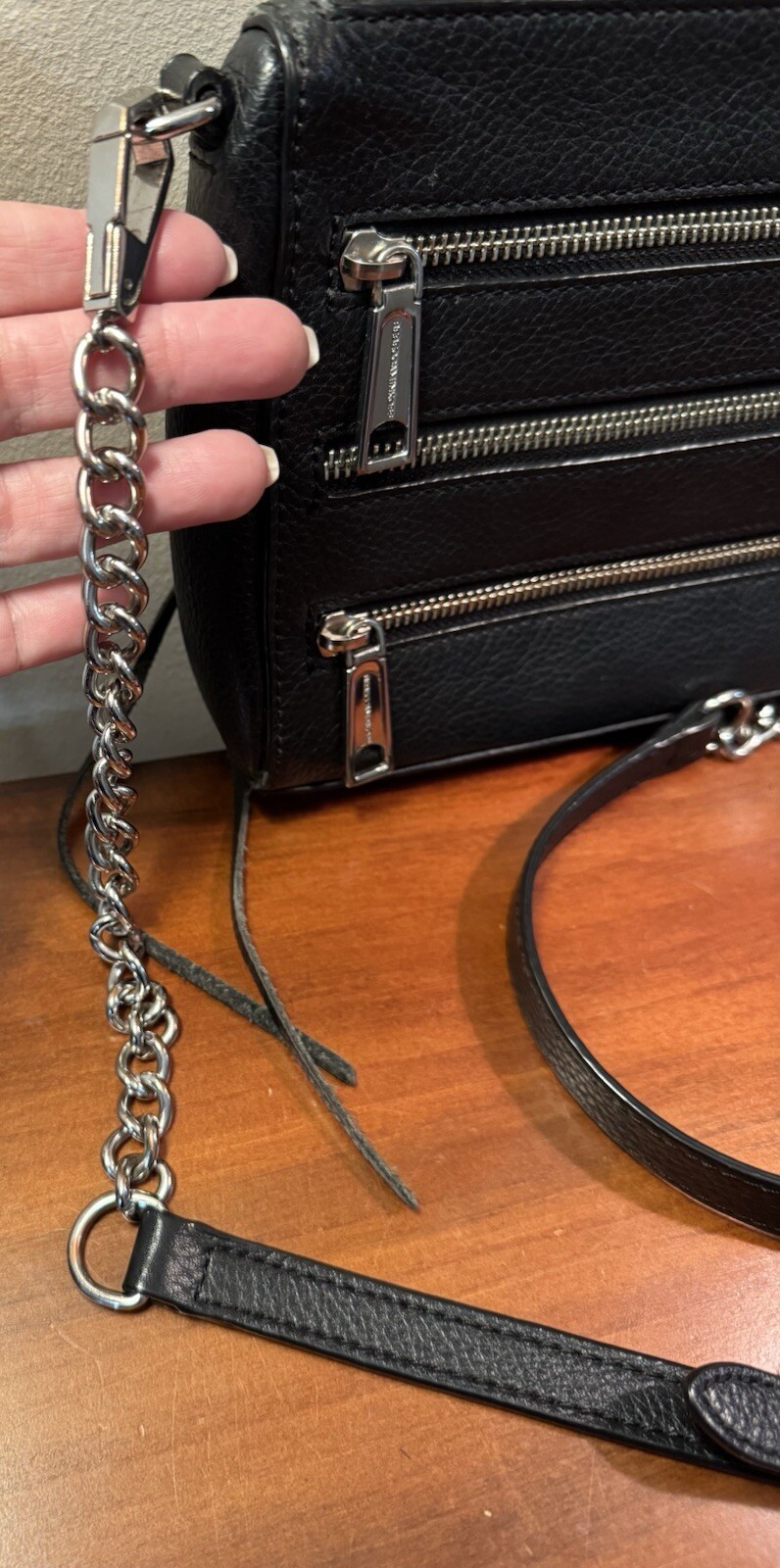 Rebecca Minkoff Black Pebbled Leather Triple Zipper Chain Strap Crossbody Bag