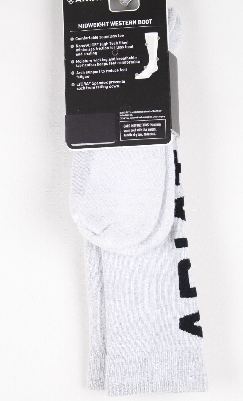 Ariat Tek Unisex Midweight Western Boot Socks Gray Black Script AR2345 050