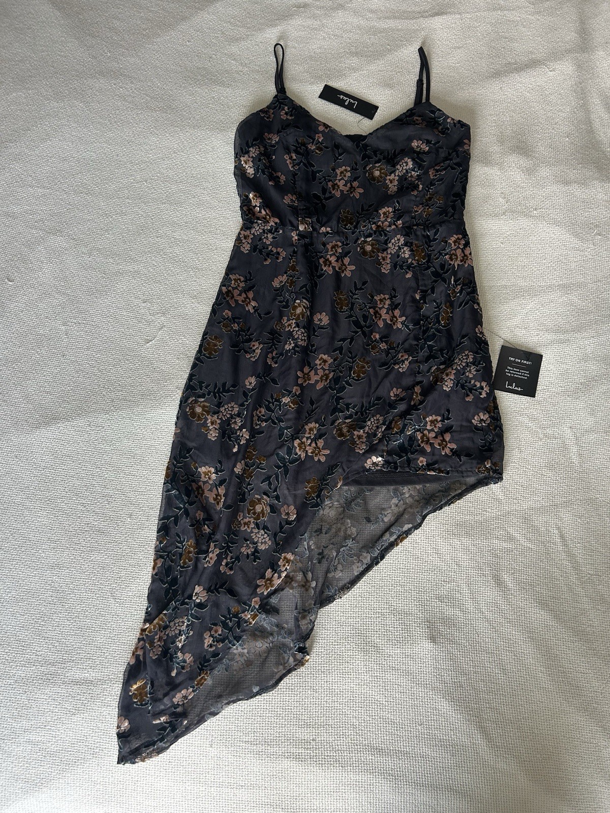 NWT Lulus Evenings With You Dark Teal Floral Velvet Burnout Asymmetrical Size M