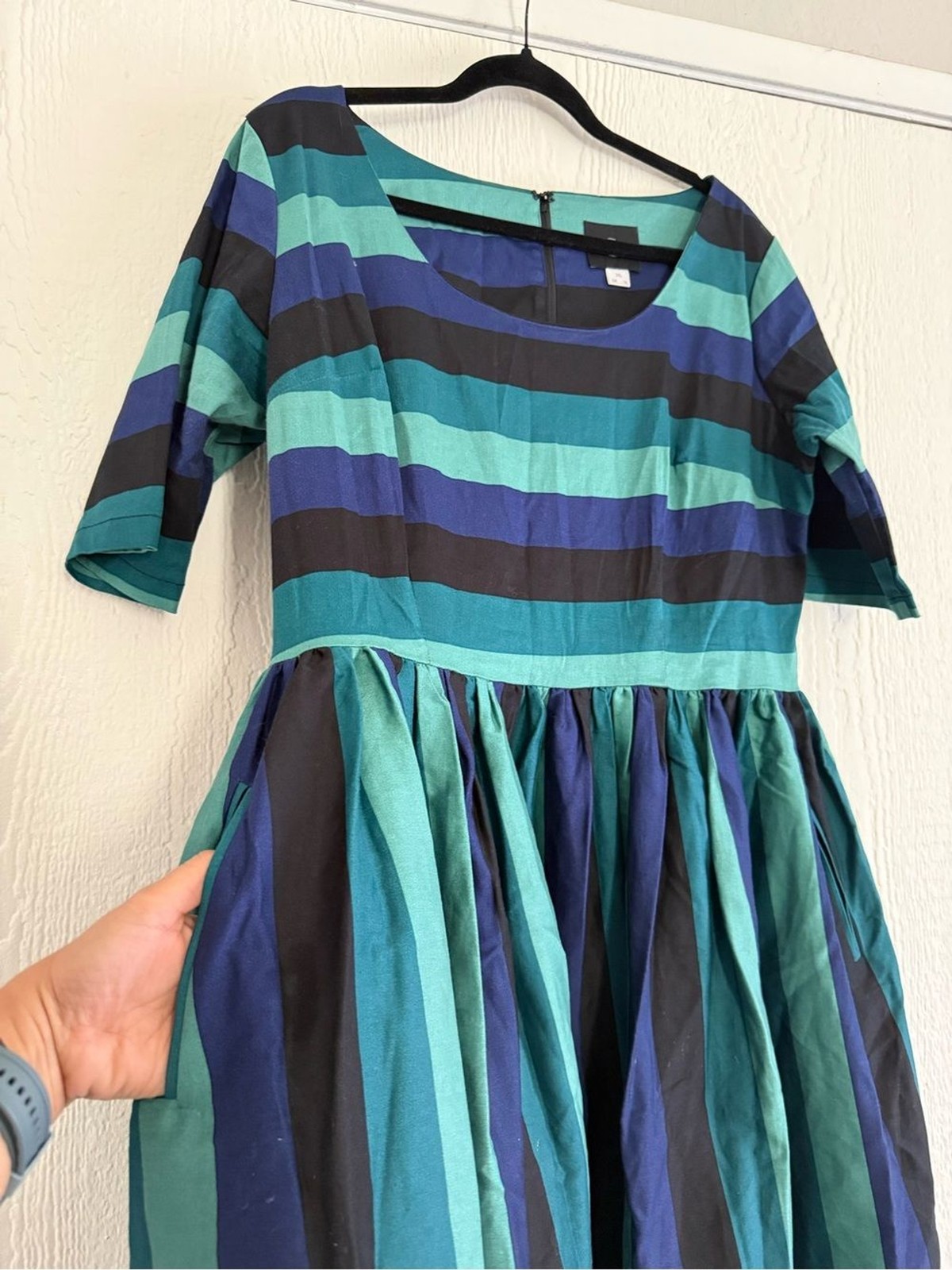 Collectif Teal, Navy & Black Striped Fit & Flare Dress. Size XL