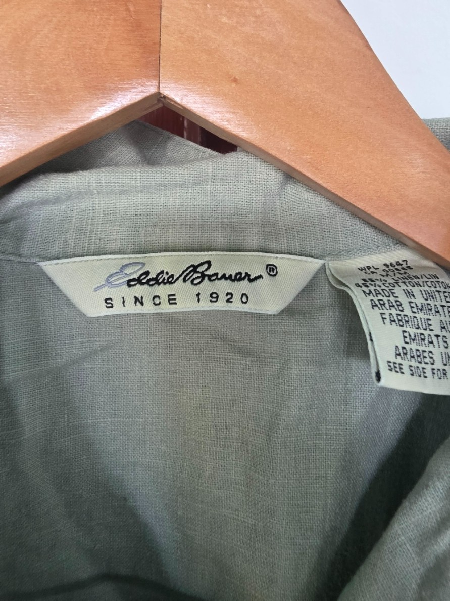 Vintage Eddie Bauer Linen Cotton Camp Shirt Sage Green Button Up Women’s M Y2K
