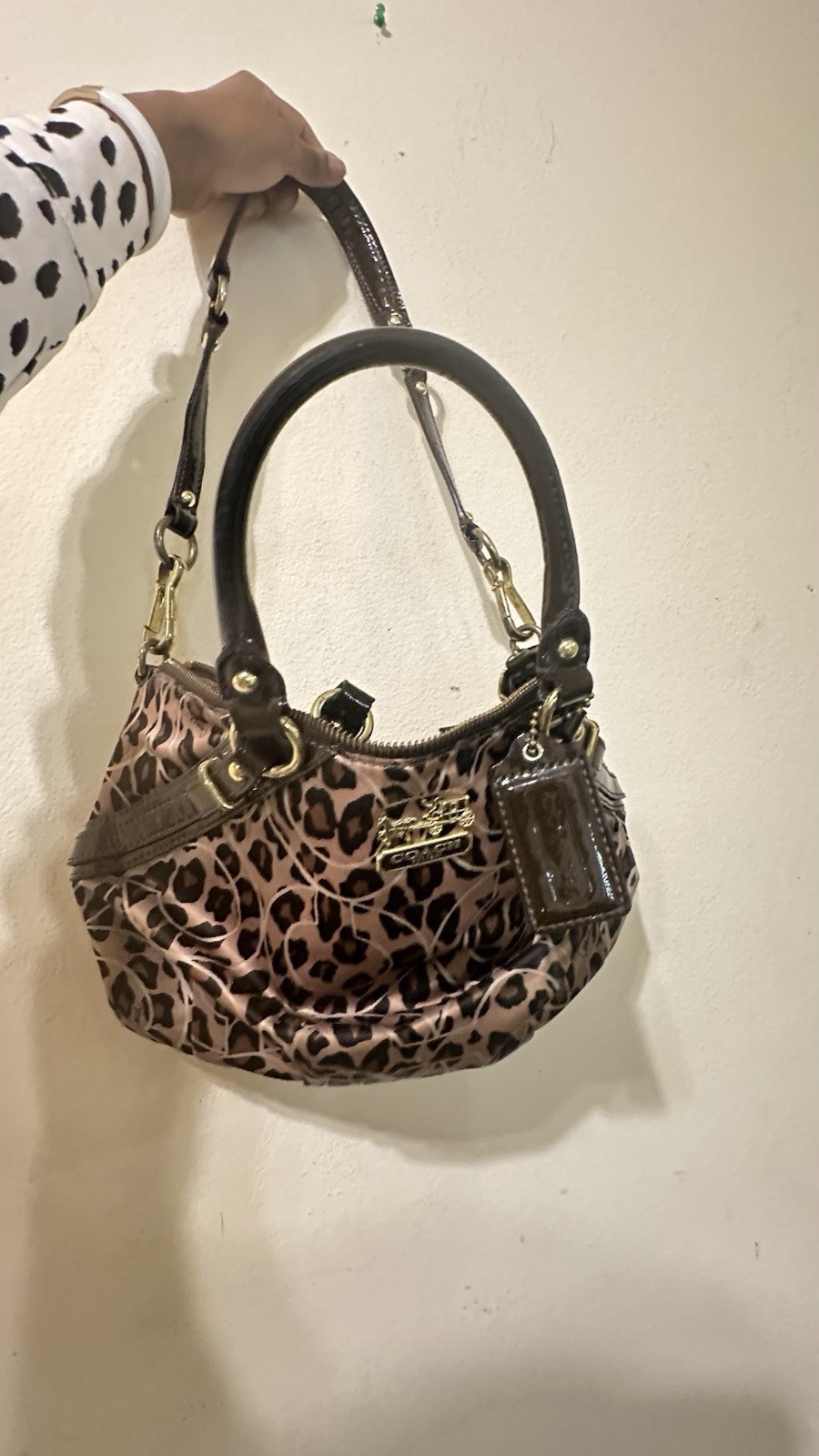 Coach Leopard Print Patent Satchel Top Handle Zip Bag w/ Detachable Strap