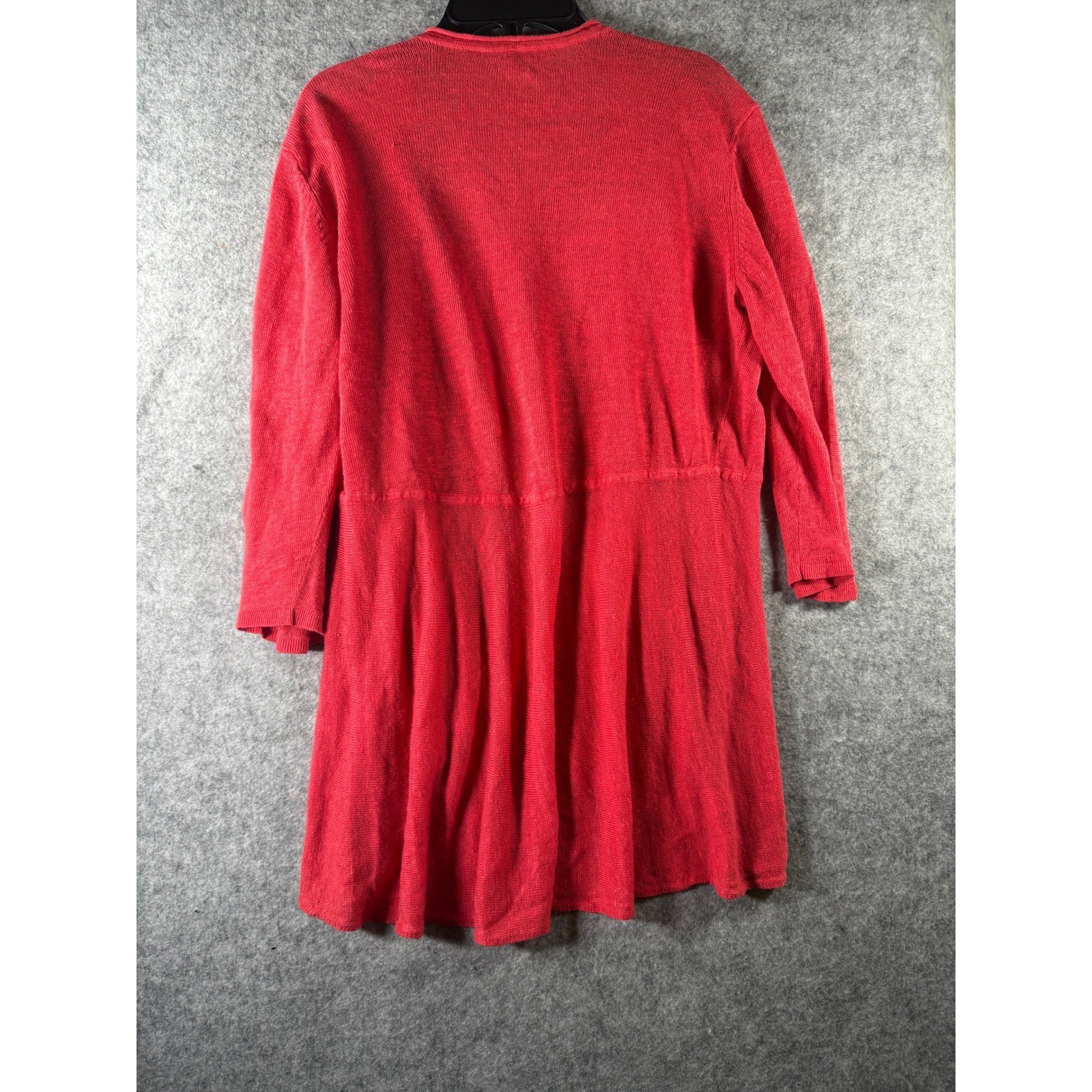 Eileen Fisher Coral Red Open Front Draped Cardigan Sweater Medium High Low Hem