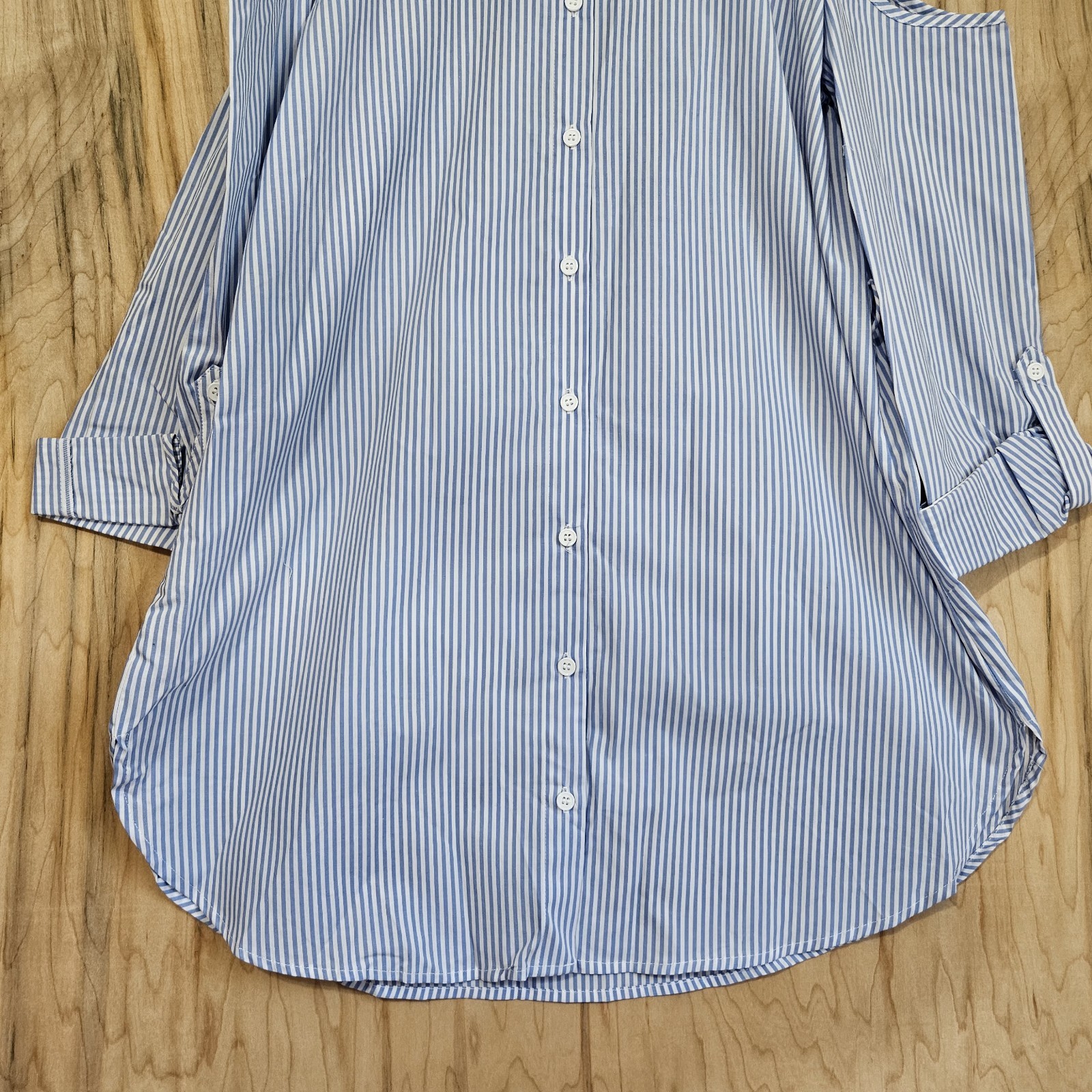 Mine Womens Pinstripe Cold Shoulder Top Button Down Tunic Top w/Belt Size Large